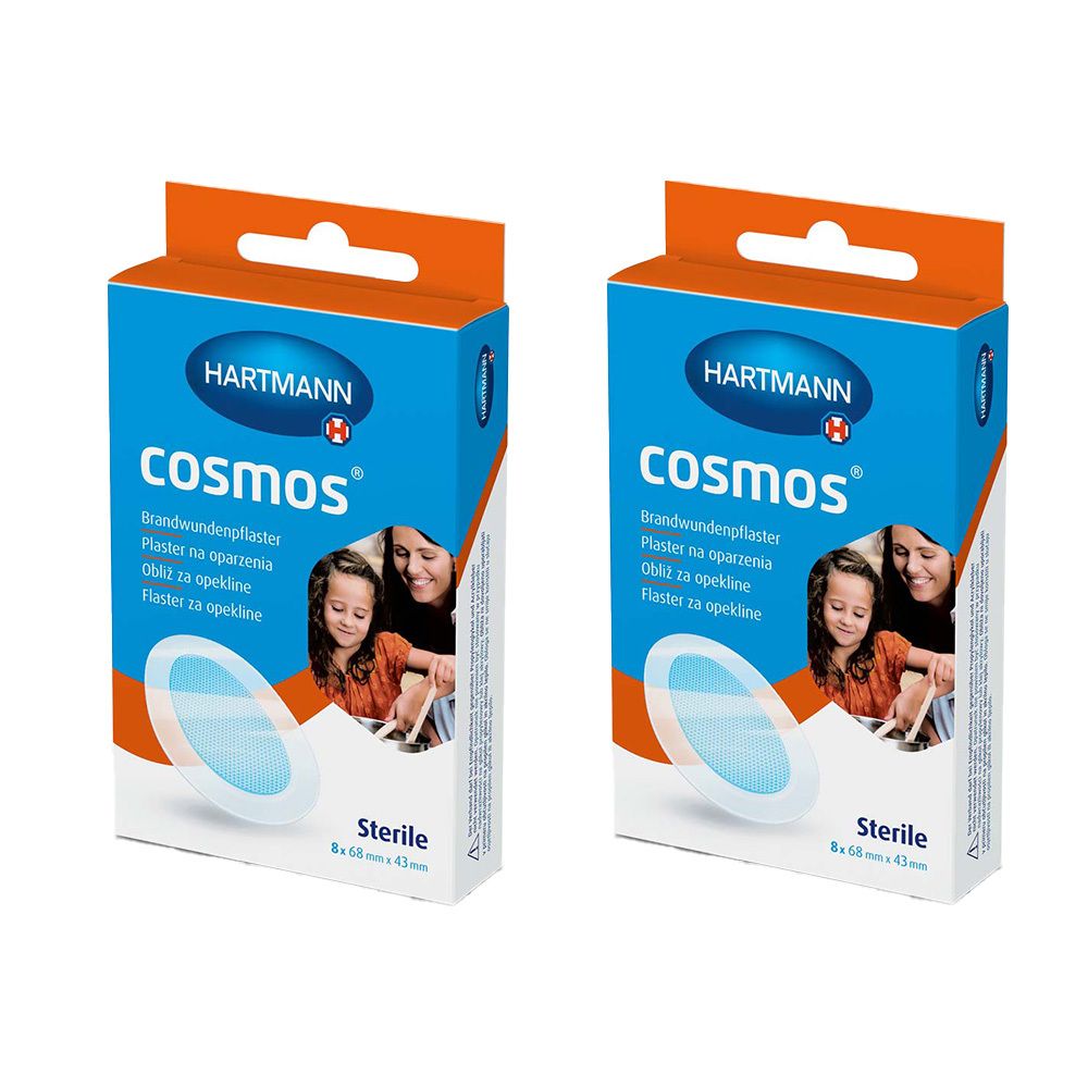 Zwei Packungen HARTMANN cosmos® Brandwundenpflaster. Blaue und weiße Verpackung mit Produktabbildung und Logo.