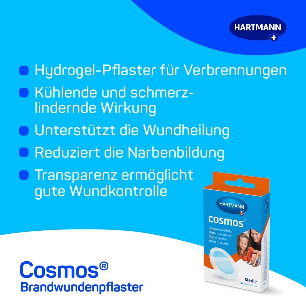 Blauer Hintergrund mit Text: Hydrogel-Pflaster für Verbrennungen, kühlende Wirkung, unterstützt Wundheilung. Abbildung der Verpackung.