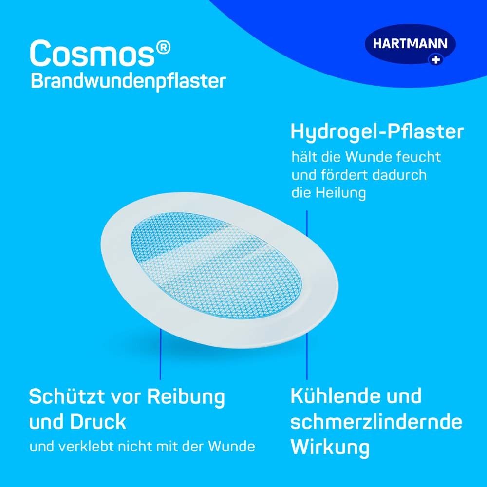 Blauer Hintergrund mit Text: Schützt vor Reibung, kühlt, nicht haftend. Abbildung eines Pflasters. Produktname und Logo.