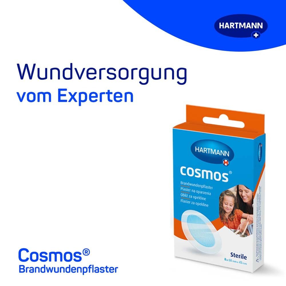 Verpackung HARTMANN cosmos® Brandwundenpflaster. Text: Wundversorgung vom Experten. Produktabbildung und Logo.