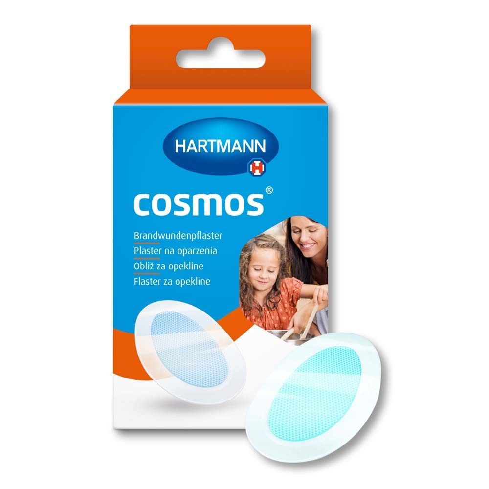 Zwei HARTMANN cosmos® Brandwundenpflaster. Blaue, ovale Form. Verpackung mit Produktabbildung und Logo.