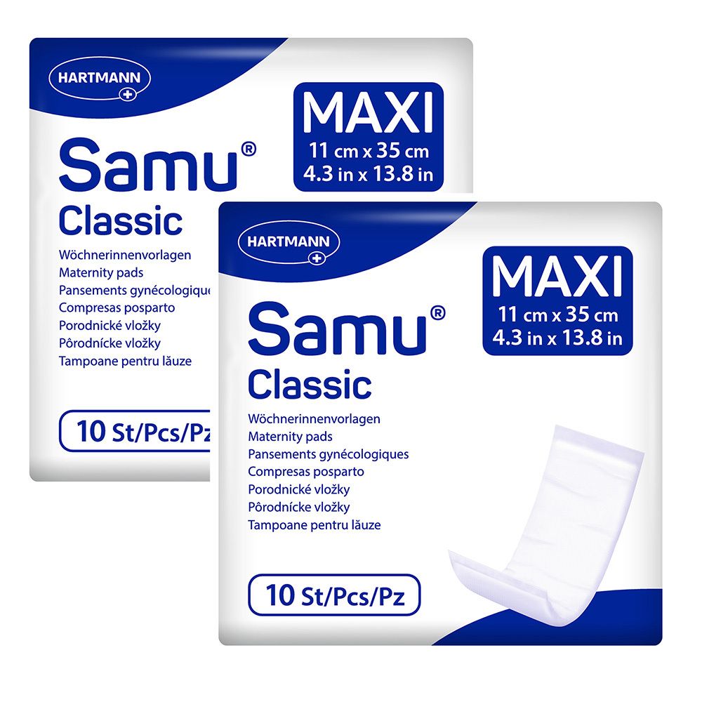 Zwei Packungen Samu Classic Maxi Wochenbettvorlagen. Größe: 11 x 35 cm. 10 Stück pro Packung. Marke Hartmann.