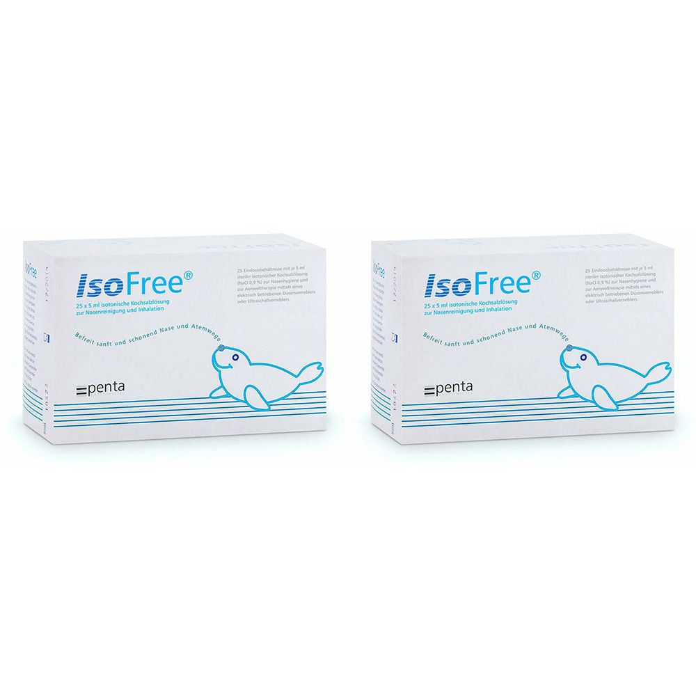 Zwei weiße Kartons mit dem Produktnamen IsoFree®, einem Seehund-Logo und Text. Marke: penta.