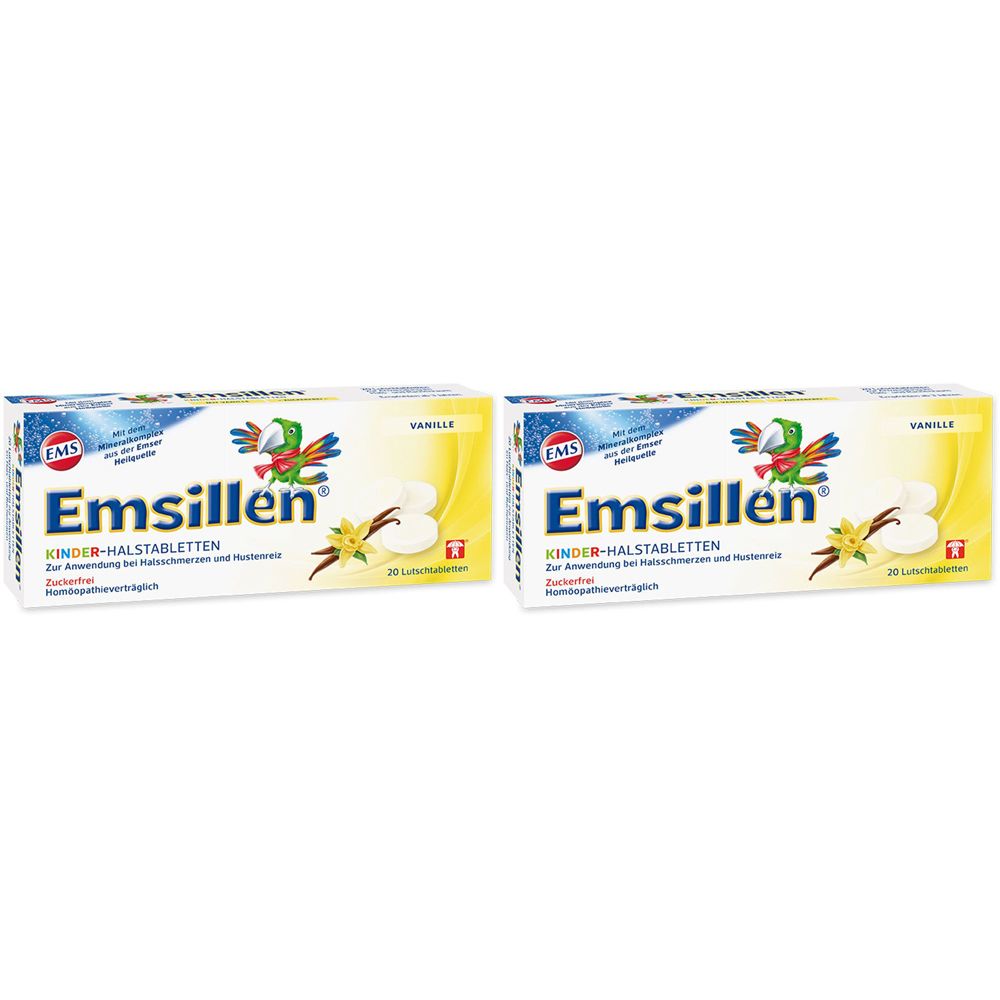 Zwei Packungen Emsillen Kinder-Halstabletten Vanille. Gelbe Verpackung mit Produktnamen, Logo und Vanille-Illustration.