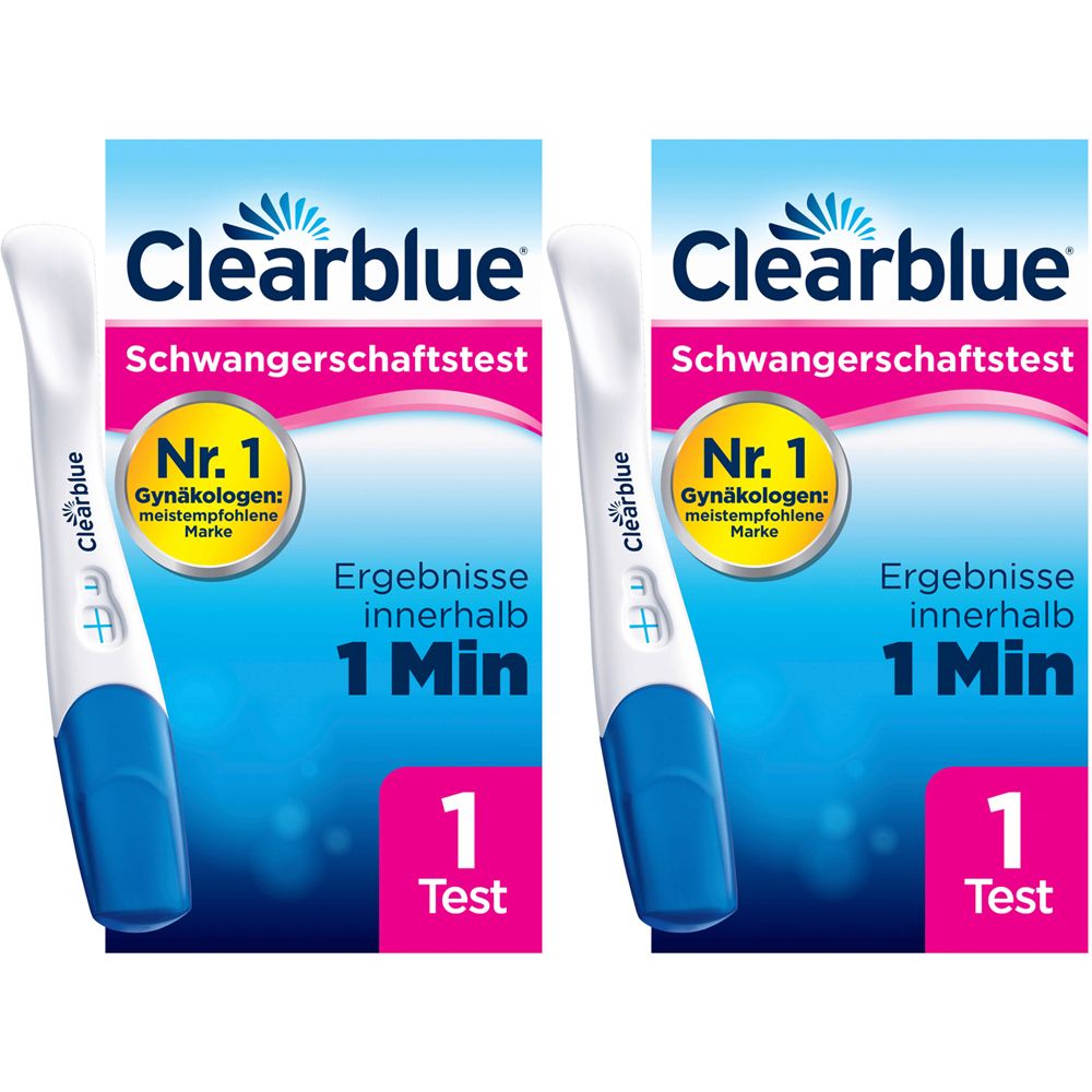 Zwei Packungen Clearblue Schwangerschaftstest. Aufschrift: Nr. 1, Ergebnisse innerhalb 1 Min. Enthält 1 Test.