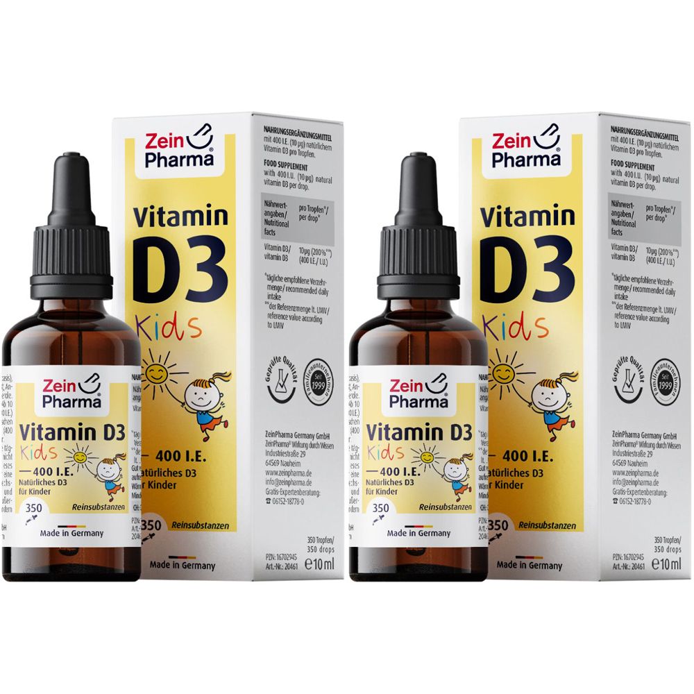 Zwei Flaschen mit Tropfer und Verpackung. Aufschrift: Vitamin D3 Kids, 400 I.E. für Kinder. Marke: Zein Pharma.