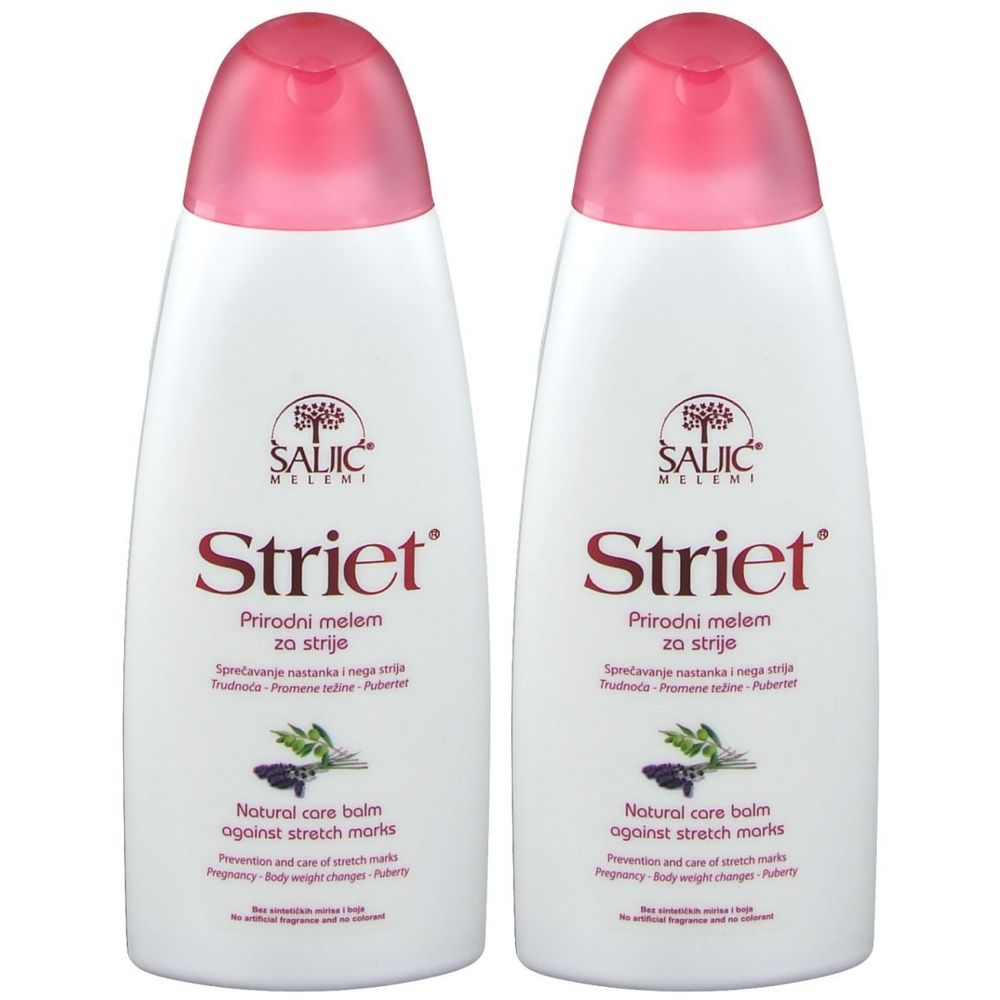Zwei weiße Flaschen mit rosa Deckel. Aufschrift: Striet, Natural care balm against stretch marks. Marke: ŠALJIĆ MELEMI.