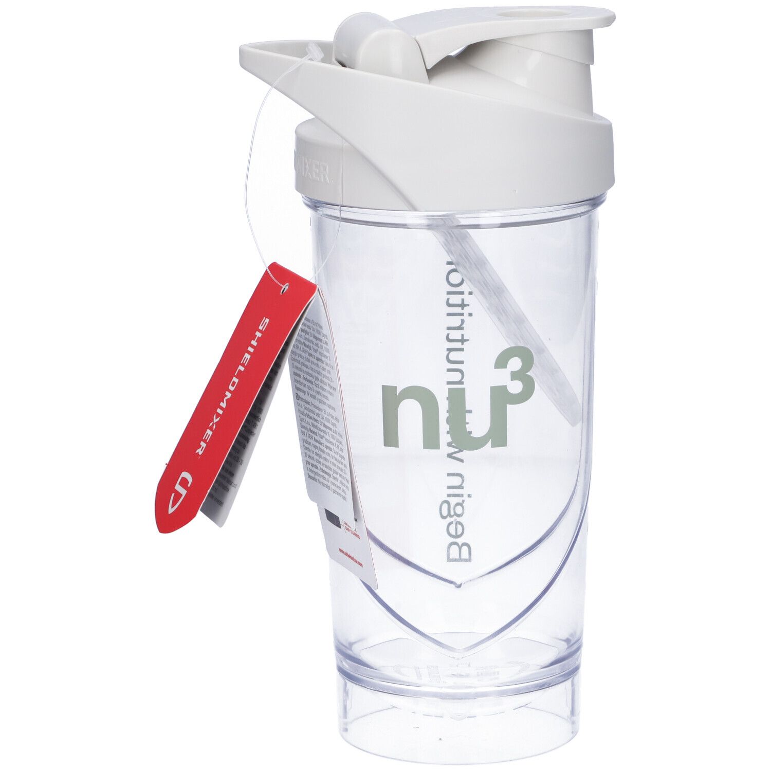 Weißer Shaker mit weißem Deckel und grünem Logo. Transparenter Behälter. Rotes Etikett mit Text. Enthält einen Mixball.