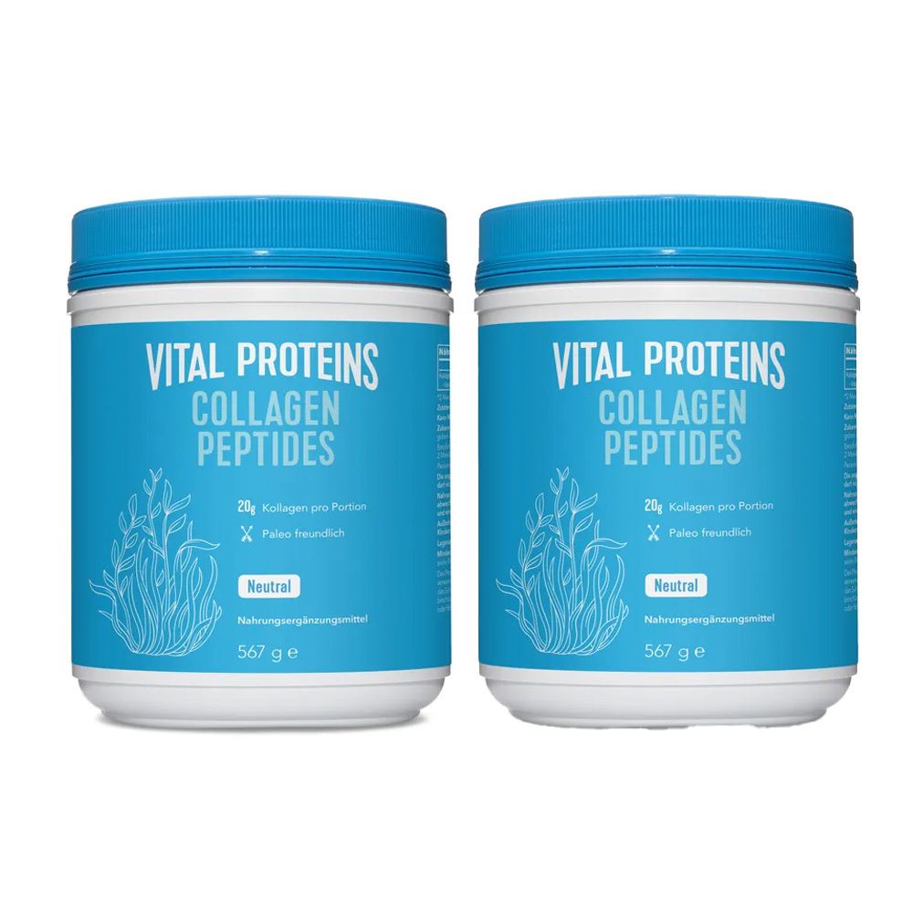 Zwei Dosen Vital Proteins Collagen Peptides. Blaue Deckel, hellblaue Etiketten mit Produktinformationen und Logo. Aufschrift: Neutral, 567 g.