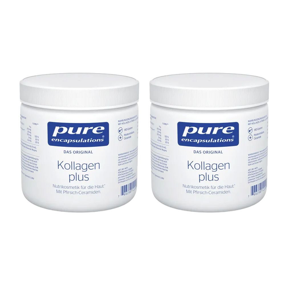 Zwei weiße Dosen Pure Encapsulations Kollagen Plus. Aufschrift: Kollagen Plus, Nutrikosmetik für die Haut.