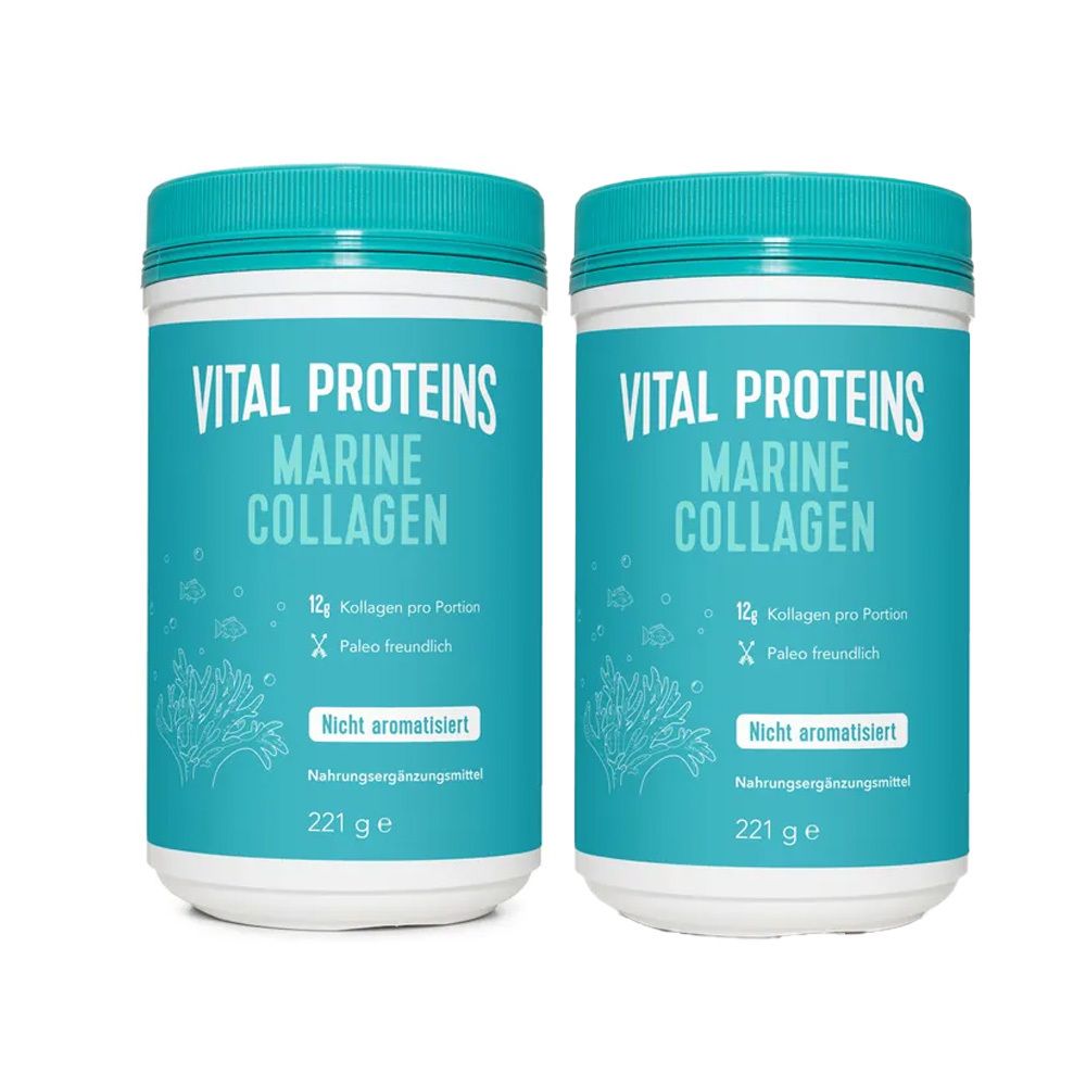 Zwei Dosen Vital Proteins Marine Collagen. Türkis-weiße Verpackung. Aufschrift: Marine Collagen, 12g Kollagen pro Portion, nicht aromatisiert.