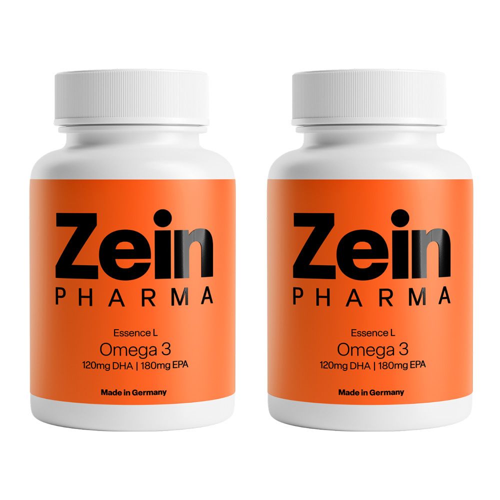 Zwei Flaschen ZeinPharma Omega-3. Orangefarbene Etiketten mit weißem Deckel. Text: Zein Pharma, Omega 3, 120mg DHA, 180mg EPA. Made in Germany.