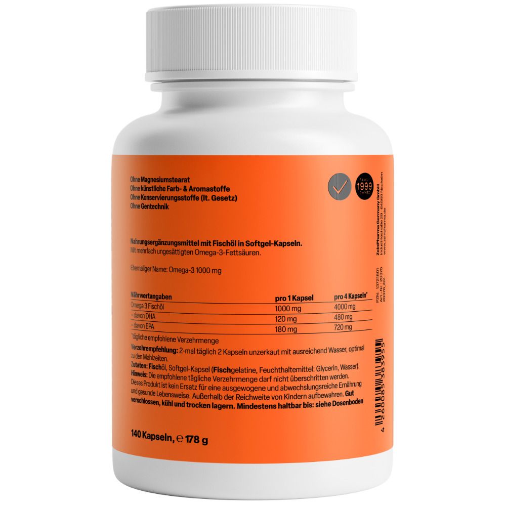Rückseite einer Flasche ZeinPharma Omega-3. Orangefarbenes Etikett mit Text. Enthält Nährwertangaben, Inhaltsstoffe und Herstellerinformationen. 140 Kapseln, 178 g.