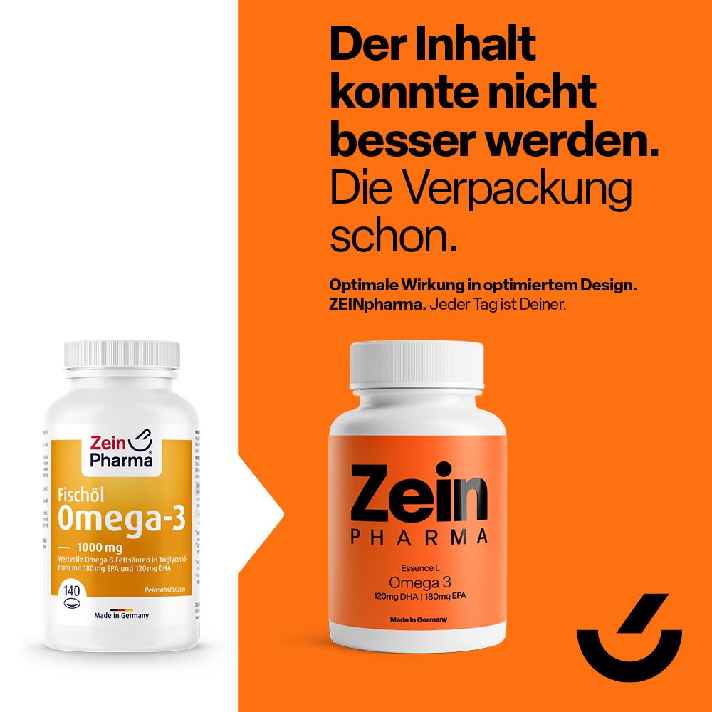 Zwei Flaschen ZeinPharma Omega-3. Eine mit Etikett, eine mit orangefarbenem Etikett. Text: Der Inhalt konnte nicht besser werden. Die Verpackung schon.