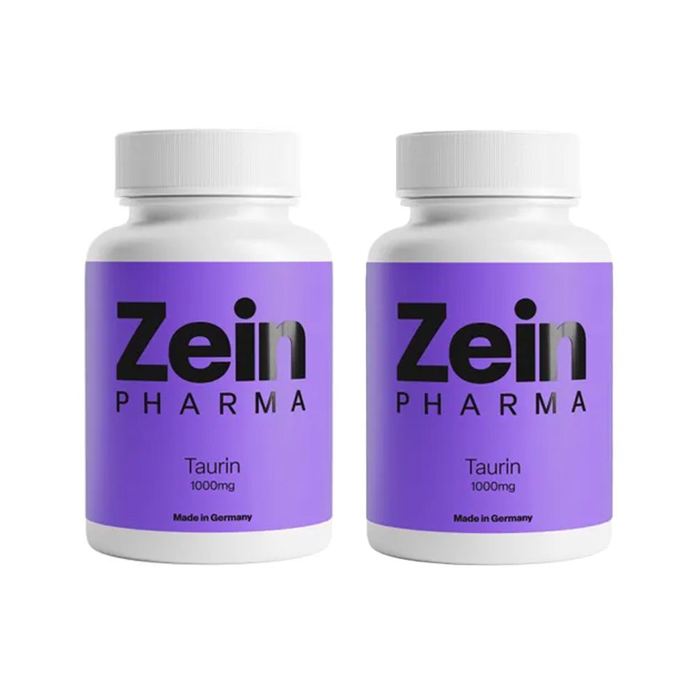 Zwei weiße Flaschen mit lila Etiketten. Aufschrift: Zein Pharma, Taurin 1000mg. Hergestellt in Deutschland.