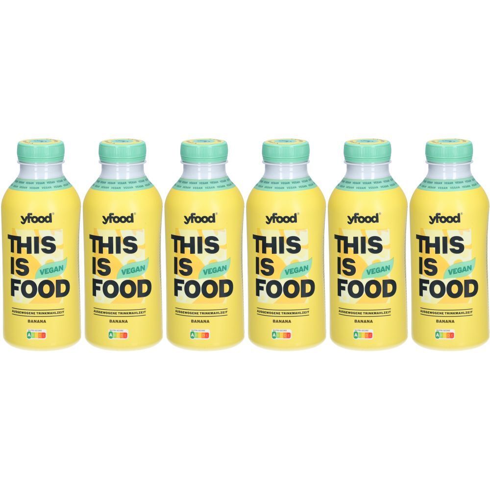 Sechs gelbe Flaschen mit grünem Deckel. Auf jeder Flasche steht "yfood THIS IS FOOD VEGAN".