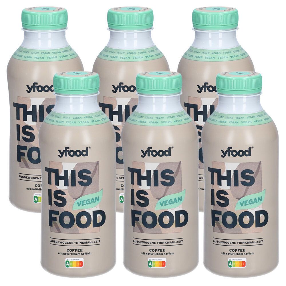 Sechs Flaschen yfood Vegan Coffee. Beige Flaschen mit grünem Deckel. Aufschrift: THIS IS FOOD, VEGAN, COFFEE. Energieeffizienzklasse.