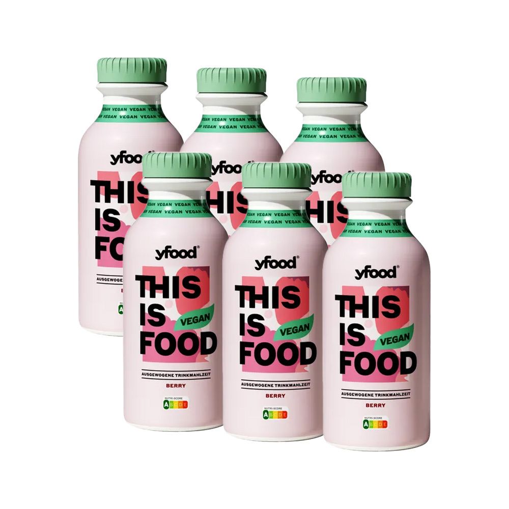 Sechs Flaschen yfood Vegan Berry. Rosa Flaschen mit grünem Deckel. Aufschrift: THIS IS FOOD VEGAN. Mit Nährwertkennzeichnung.
