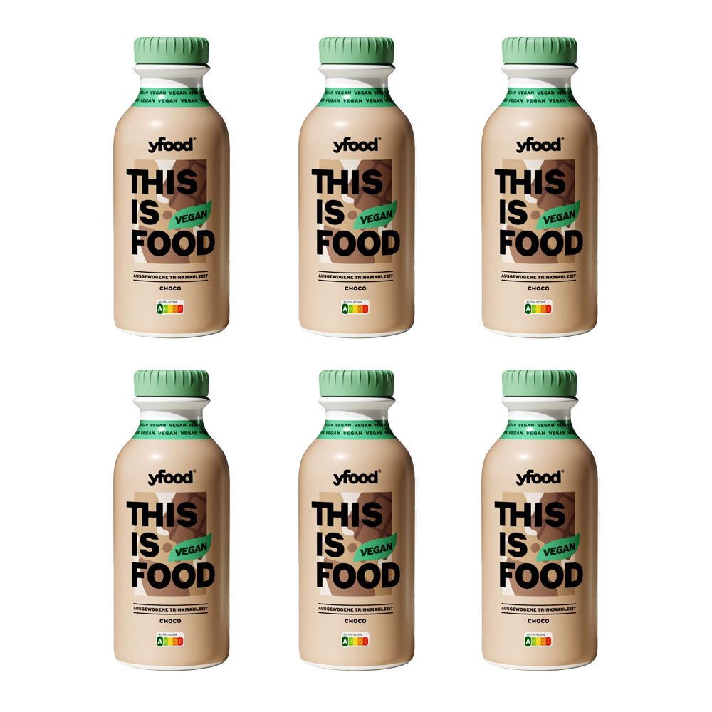 Sechs Flaschen mit grünem Deckel. Aufschrift: yfood, THIS IS FOOD, VEGAN, Choco. Energie- und Nährwertangaben.