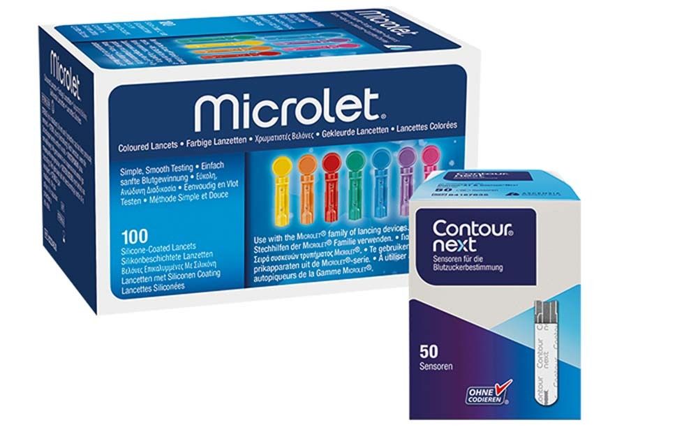 Zwei Produktverpackungen. Eine Schachtel mit "Microlet" und farbigen Lanzetten. Eine weitere mit "Contour next" und 50 Sensoren.
