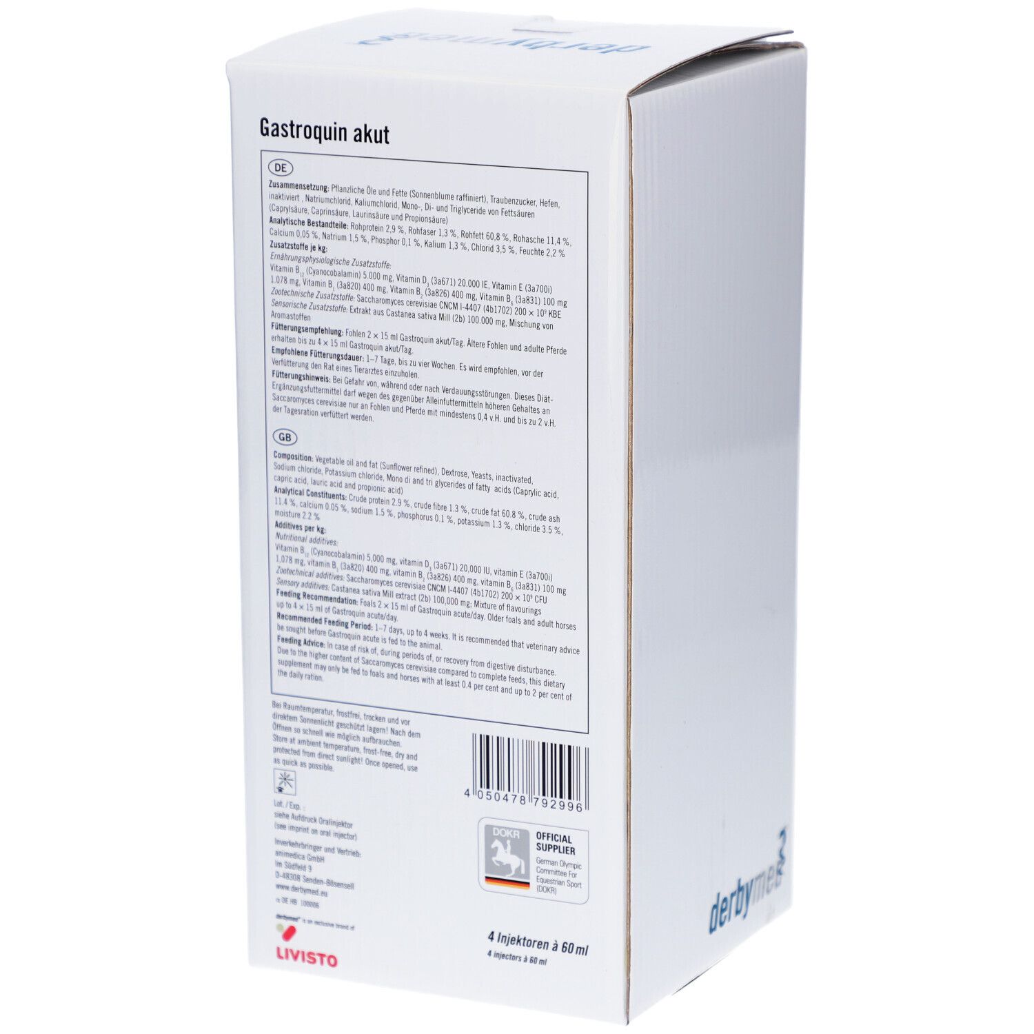 Karton mit Produktinformationen. Aufdruck: Gastroquin akut, Inhaltsstoffe, Herstellerinformationen, Barcode.