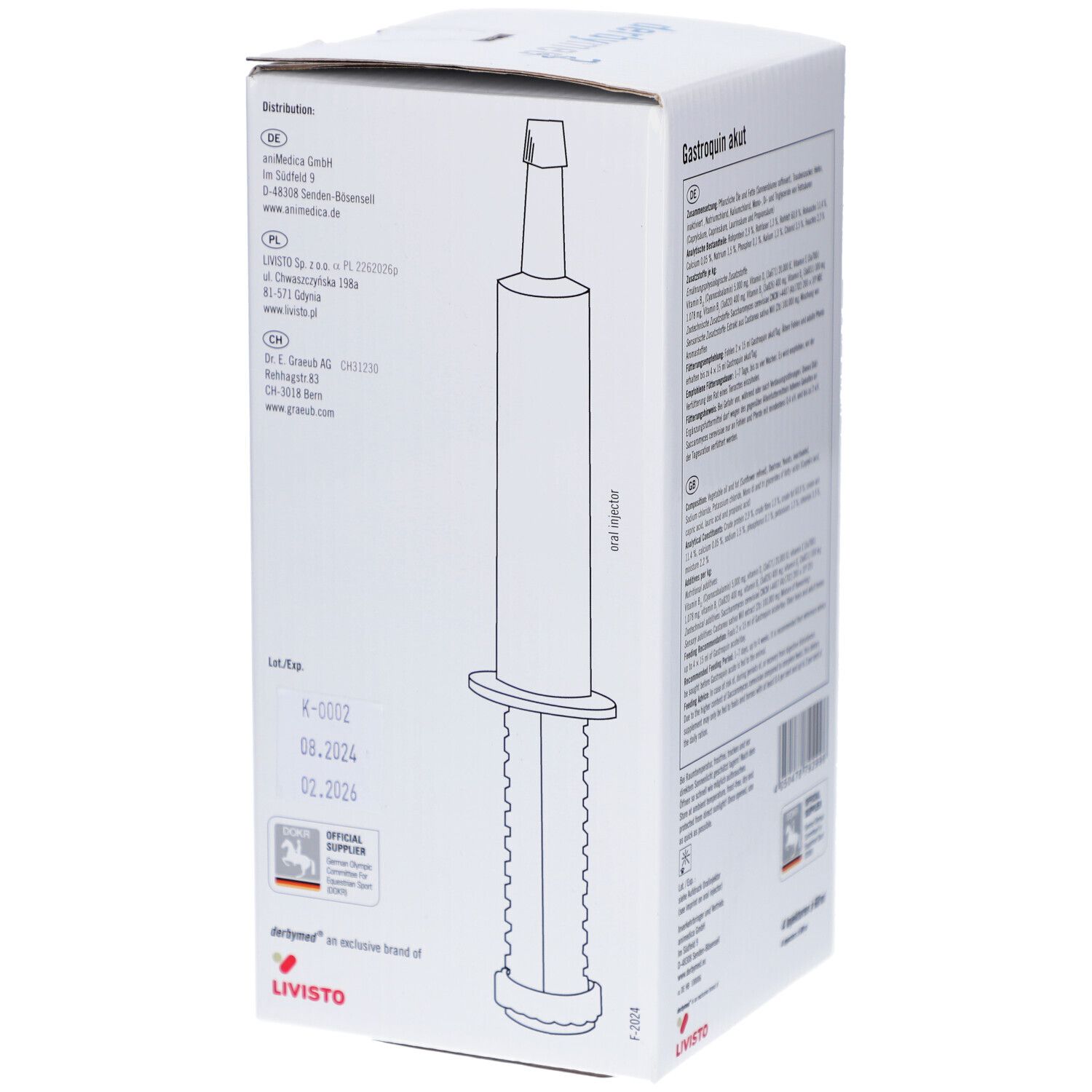 Karton mit Produktabbildung. Aufdruck: Gastroquin akut, Injektionsspritze, Herstellerlogo.