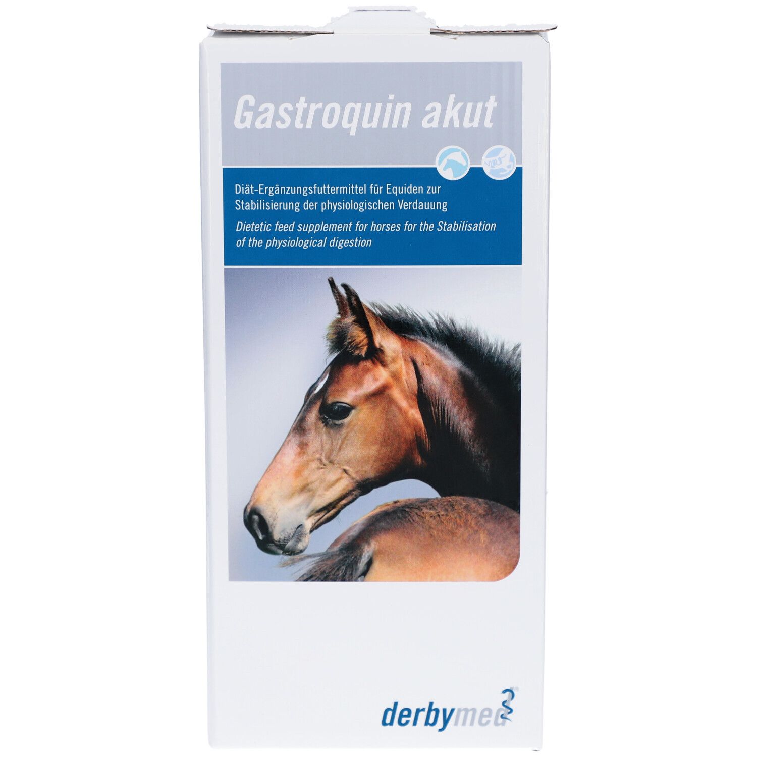 Karton mit Produktaufdruck. Aufdruck: Gastroquin akut, Pferdekopf, derby med Logo.