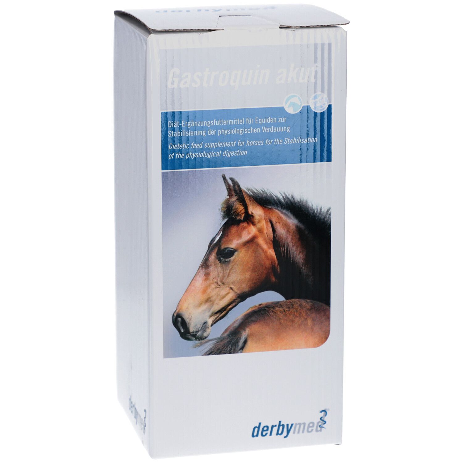 Karton mit Produktaufdruck. Aufdruck: Gastroquin akut, Pferdekopf, derby med Logo.