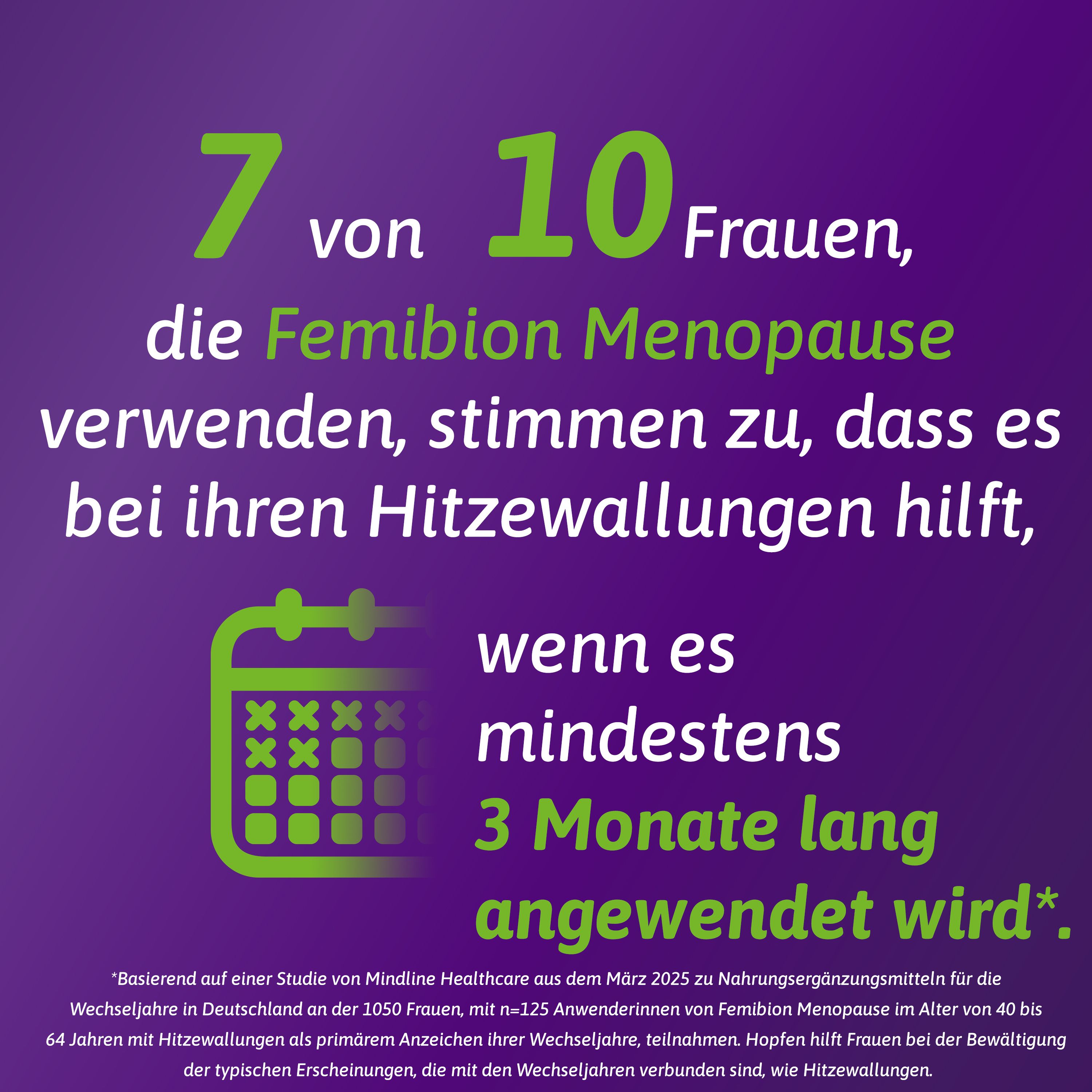 Grafik: 7 von 10 Frauen, die Femibion Menopause verwenden, stimmen zu, dass es bei Hitzewallungen hilft.