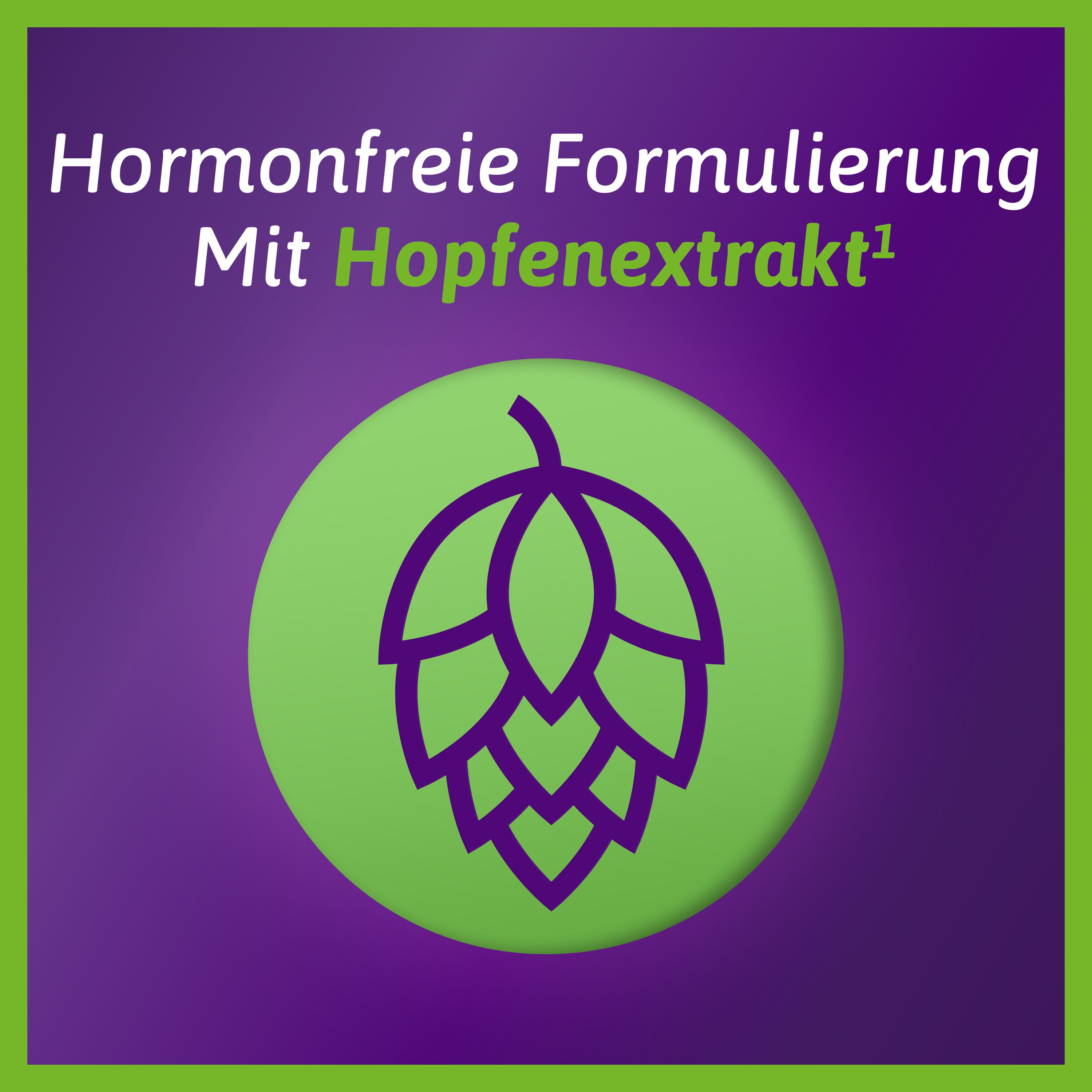 Grüner Kreis mit Hopfenblüten-Symbol. Text: Hormonfreie Formulierung Mit Hopfenextrakt.