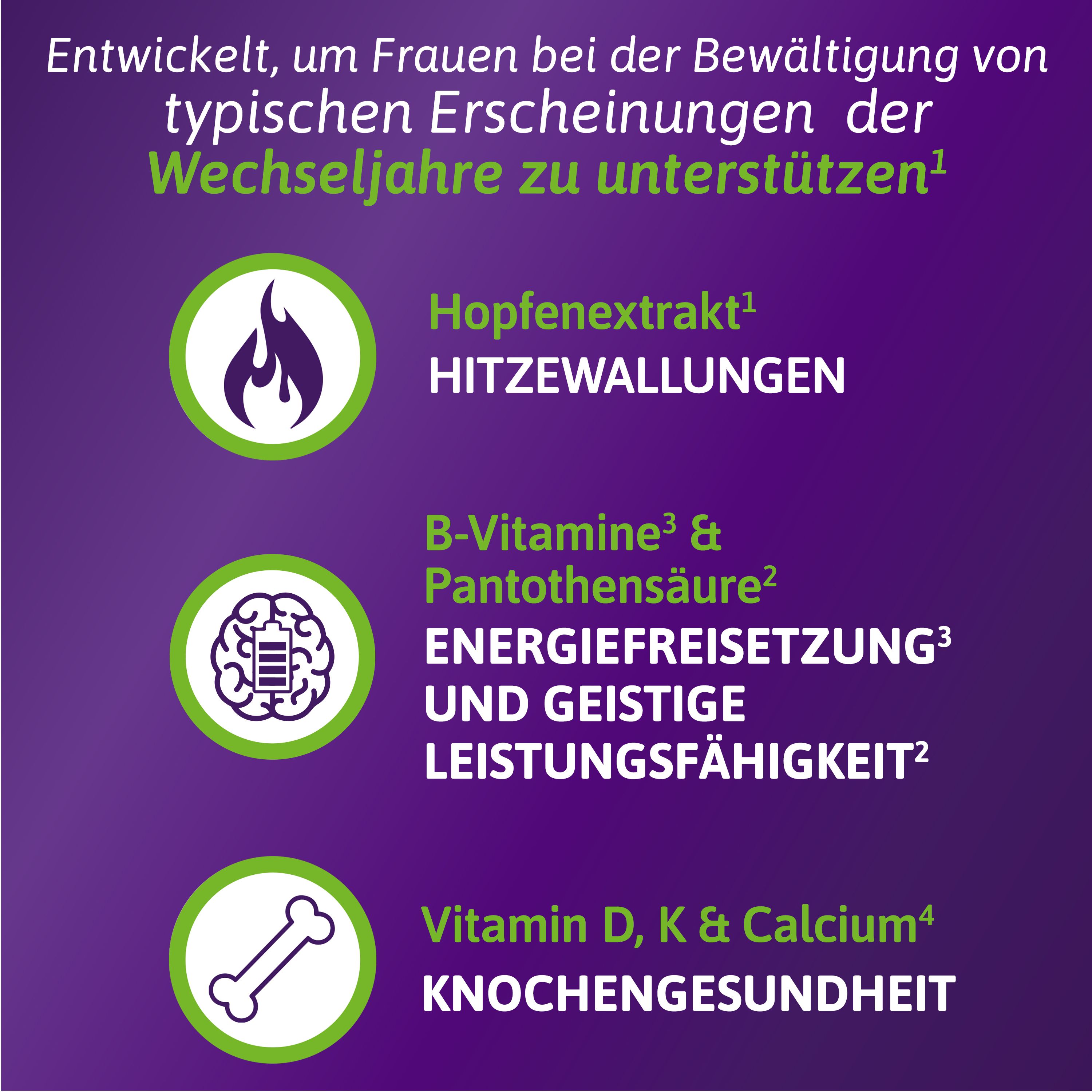 Infografik mit drei Icons und Texten: Hopfenextrakt, B-Vitamine & Pantothensäure, Vitamin D, K & Calcium.