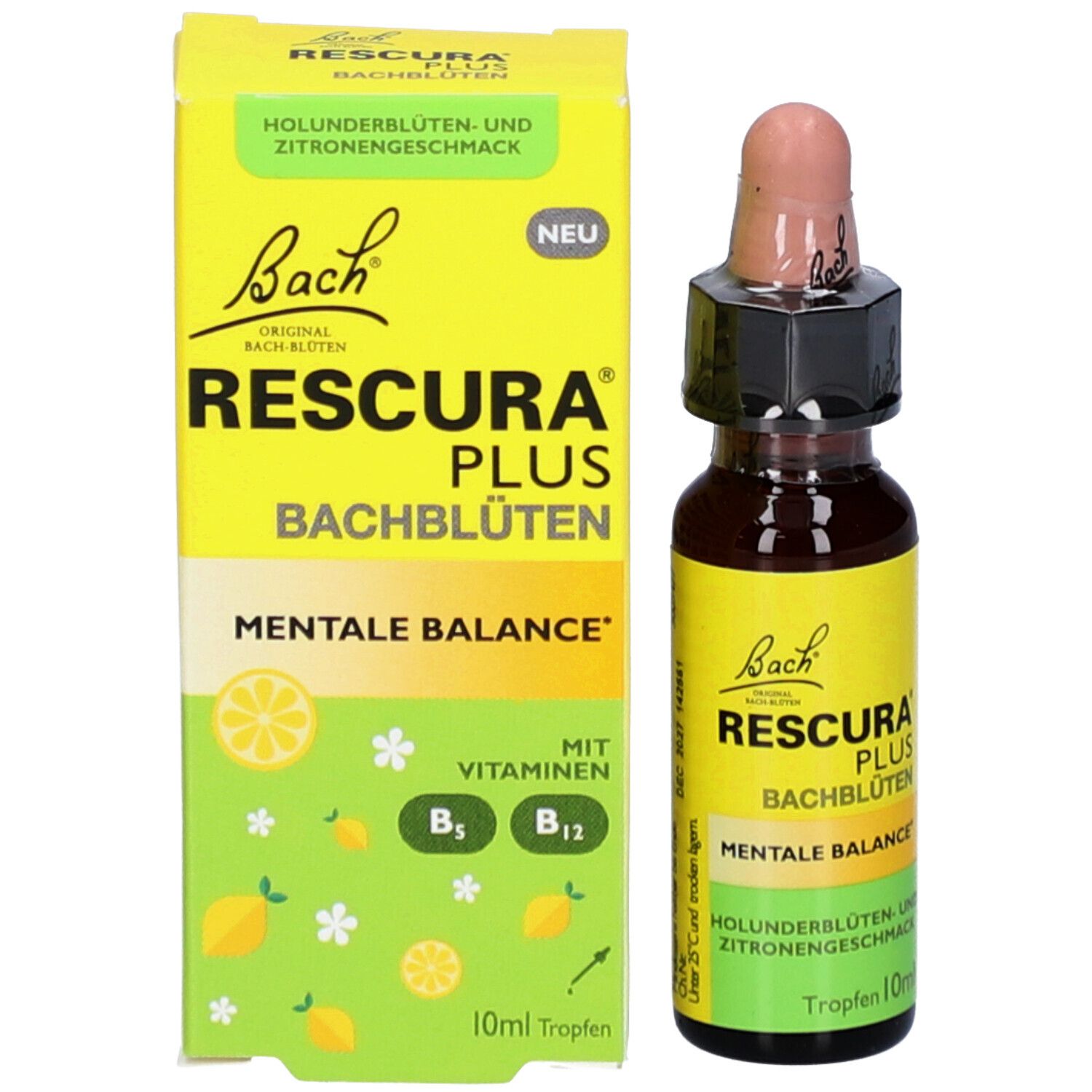 Produktverpackung und Flasche. Gelbe Verpackung mit Text: RESCURA PLUS, Bachblüten, Mentale Balance. Tropfen.
