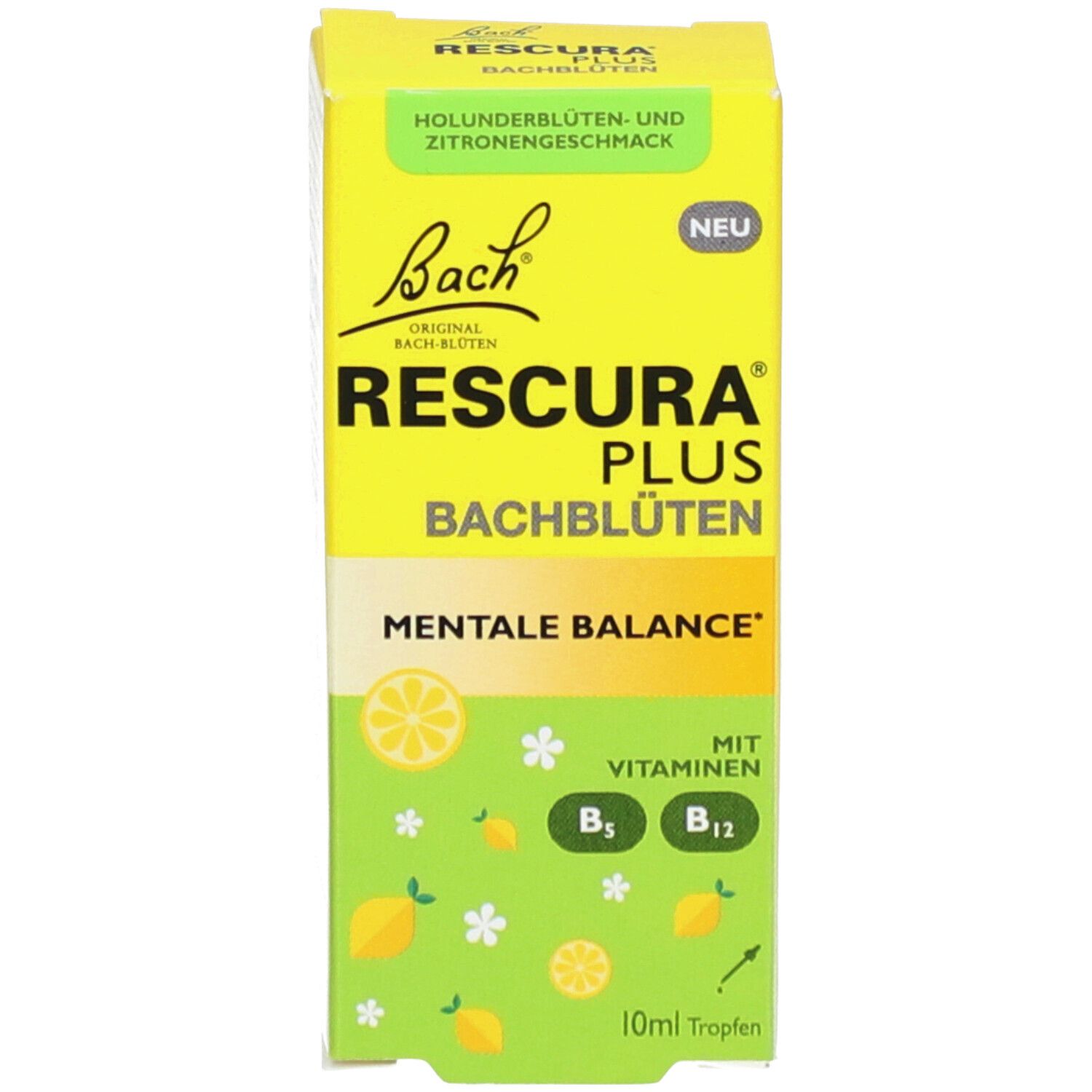 Produktverpackung. Gelbe Verpackung mit Text: RESCURA PLUS, Bachblüten, Mentale Balance. Tropfen.