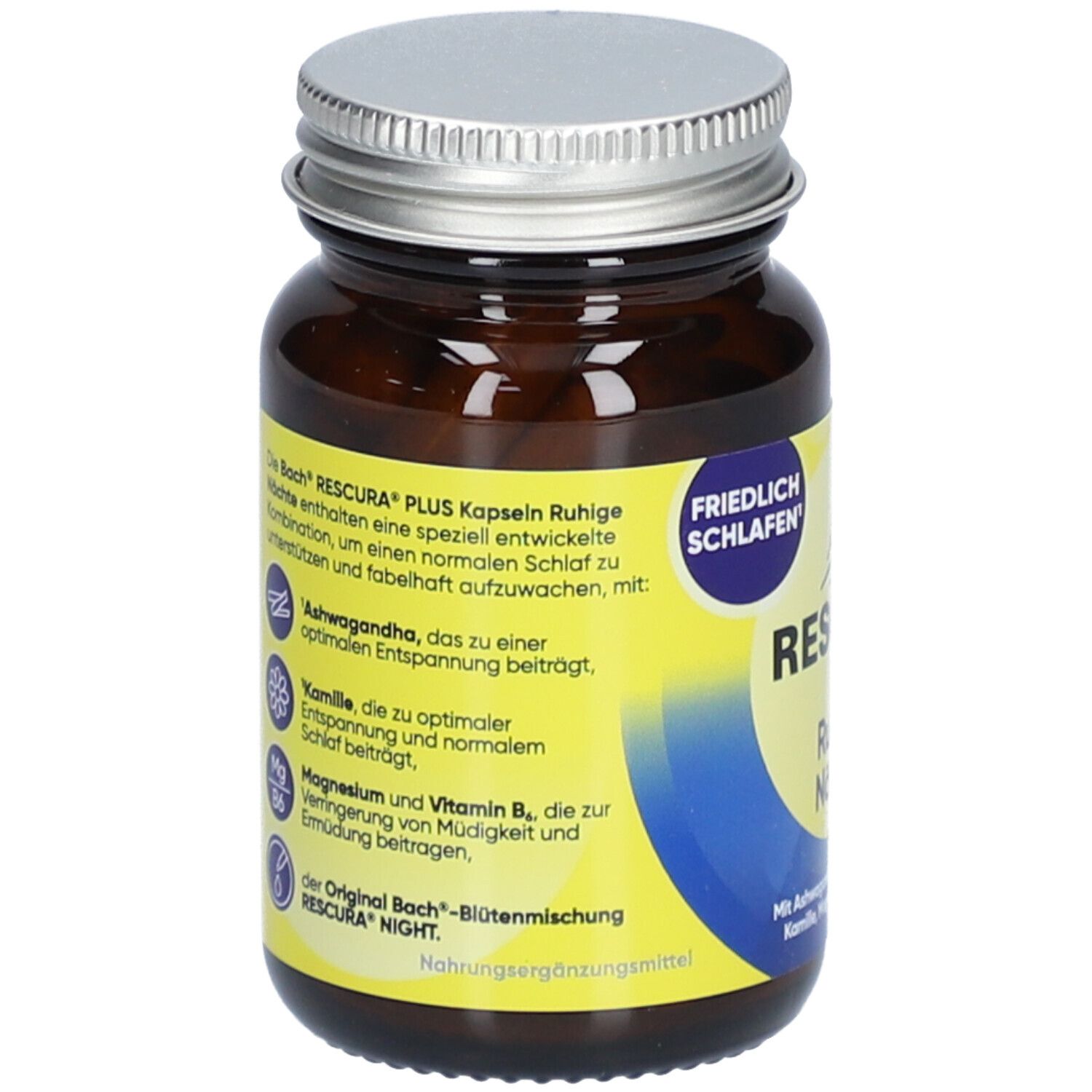 Braune Glasflasche mit silbernem Deckel. Aufkleber mit Produktinformationen. Enthält Ashwagandha, Kamille, Magnesium, Vitamin B.