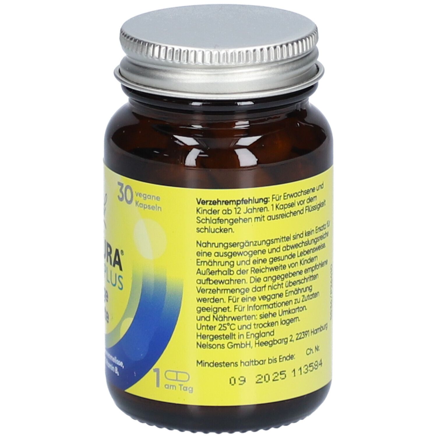 Braune Glasflasche mit silbernem Deckel. Gelber Aufkleber mit Verzehrempfehlung und Mindesthaltbarkeitsdatum.
