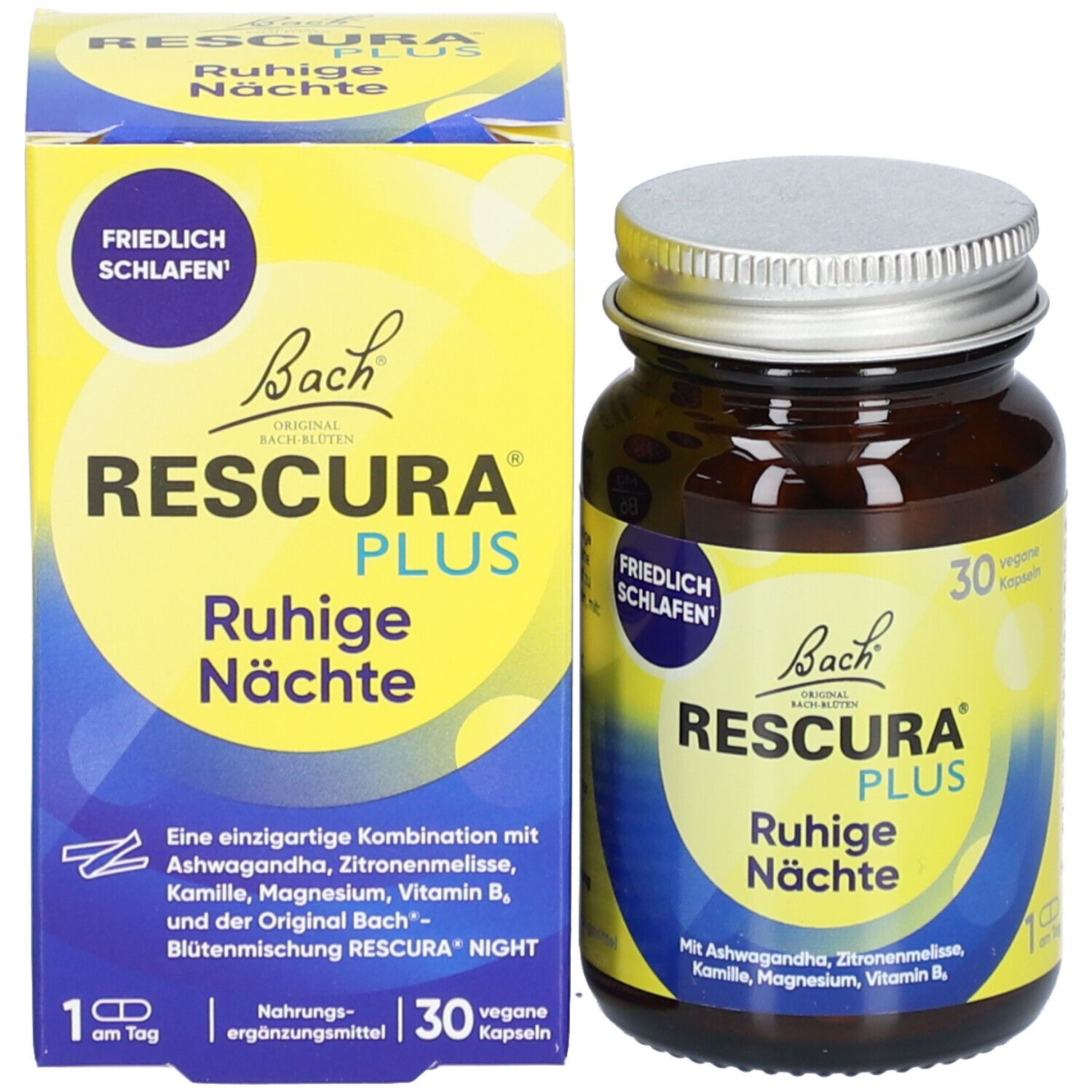 Produktpackung und Flasche. Packung mit Produktnamen RESCURA PLUS Ruhige Nächte. Flasche mit 30 Kapseln.