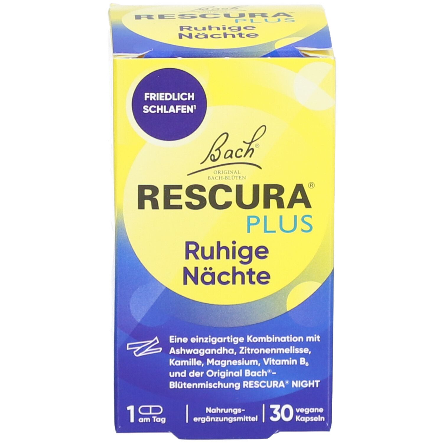 Produktpackung. Gelb-blaue Packung mit Produktnamen RESCURA PLUS Ruhige Nächte. 30 Kapseln.