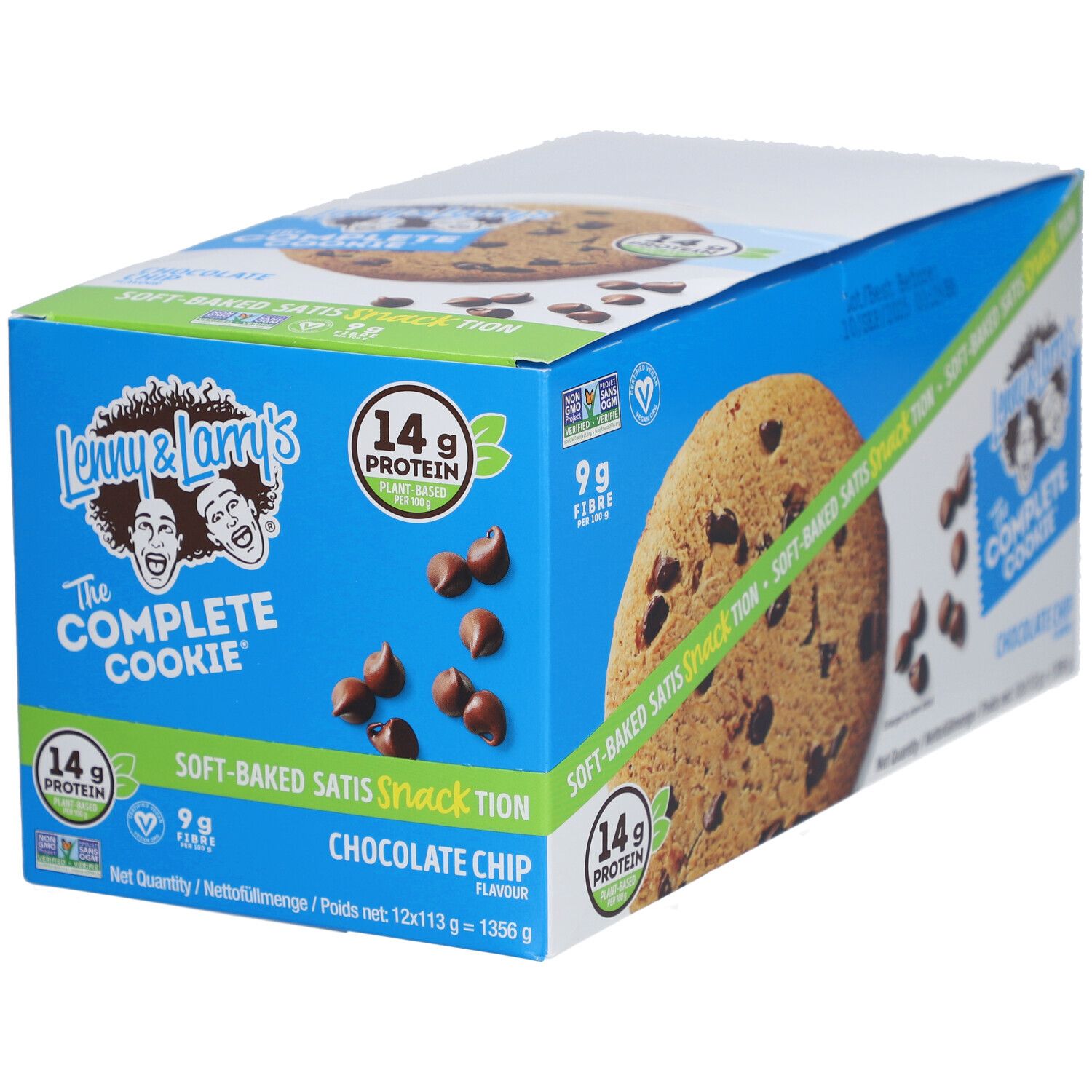 Karton mit Lenny & Larry's The Complete Cookie Chocolate Chip. Blaue Verpackung mit Cookie-Bild und Text. 14g Protein.