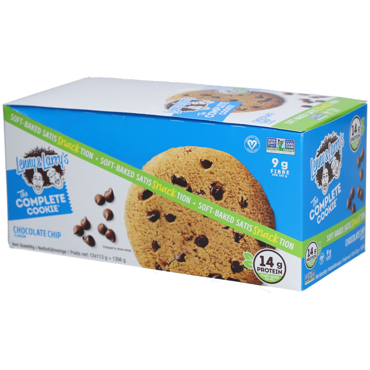 Karton mit Lenny & Larry's The Complete Cookie Chocolate Chip. Blaue Verpackung mit Cookie-Bild und Text. 14g Protein.