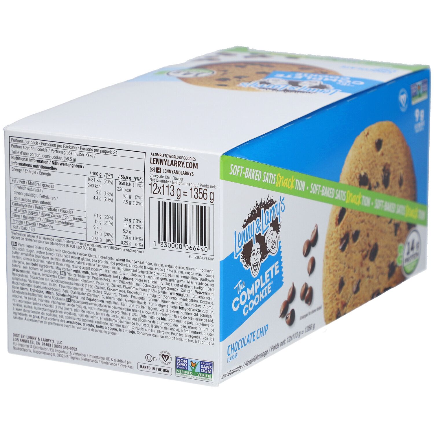 Rückseite der Verpackung von Lenny & Larry's The Complete Cookie Chocolate Chip. Text mit Nährwertangaben und Zutaten.