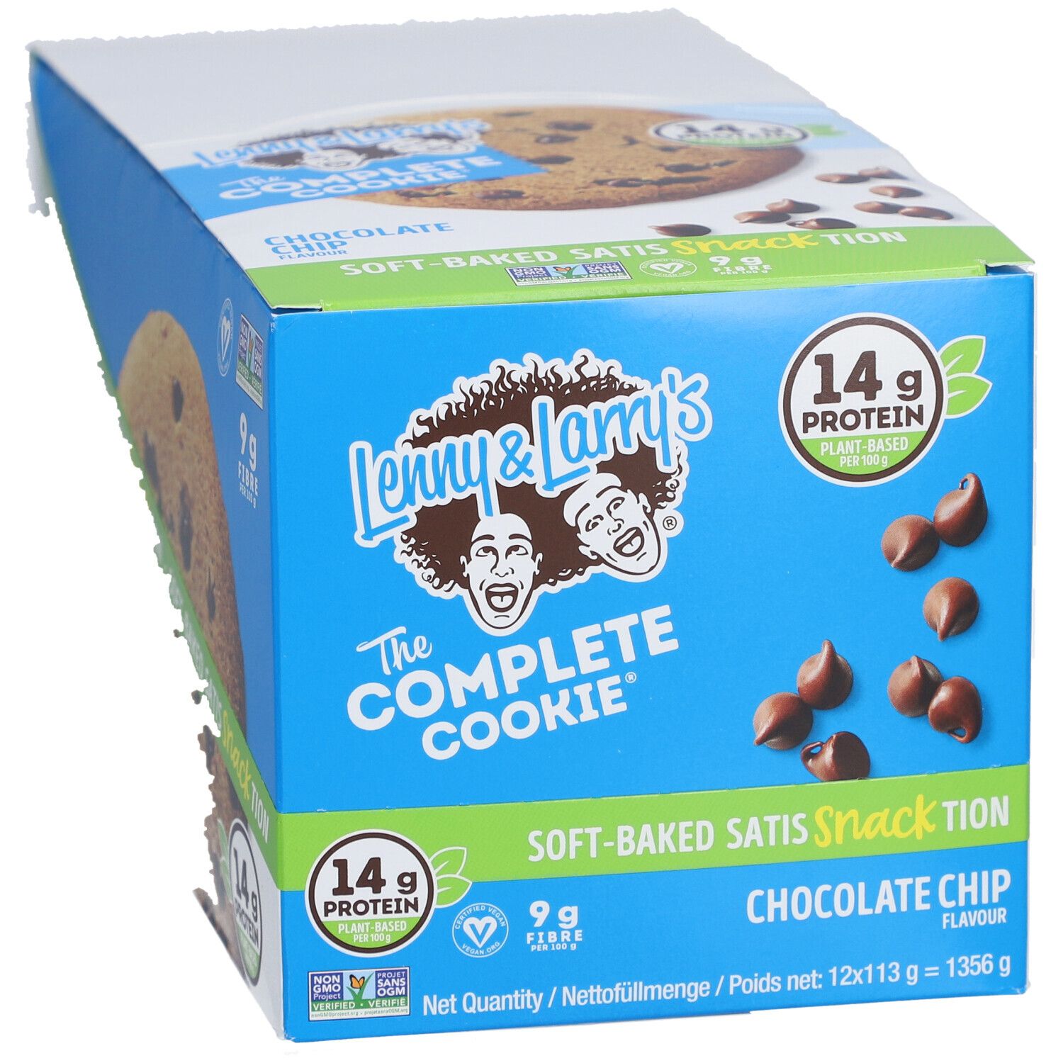 Karton mit Lenny & Larry's The Complete Cookie Chocolate Chip. Blaue Verpackung mit Cookie-Bild und Text. 14g Protein.