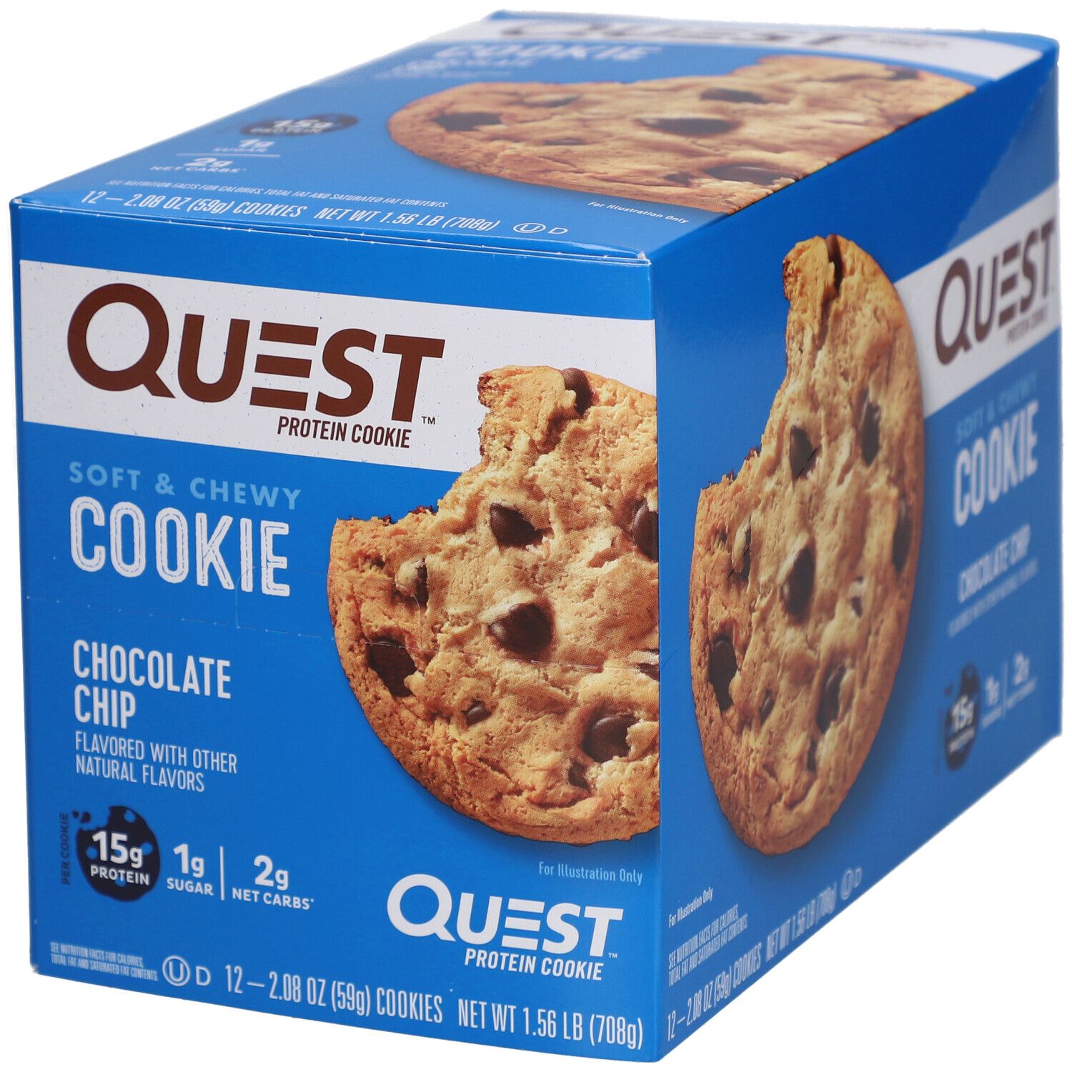 Blauer Karton mit Quest Protein Cookie Chocolate Chip. Ein Cookie mit Biss. 15g Protein, 1g Zucker, 2g Net Carbs.
