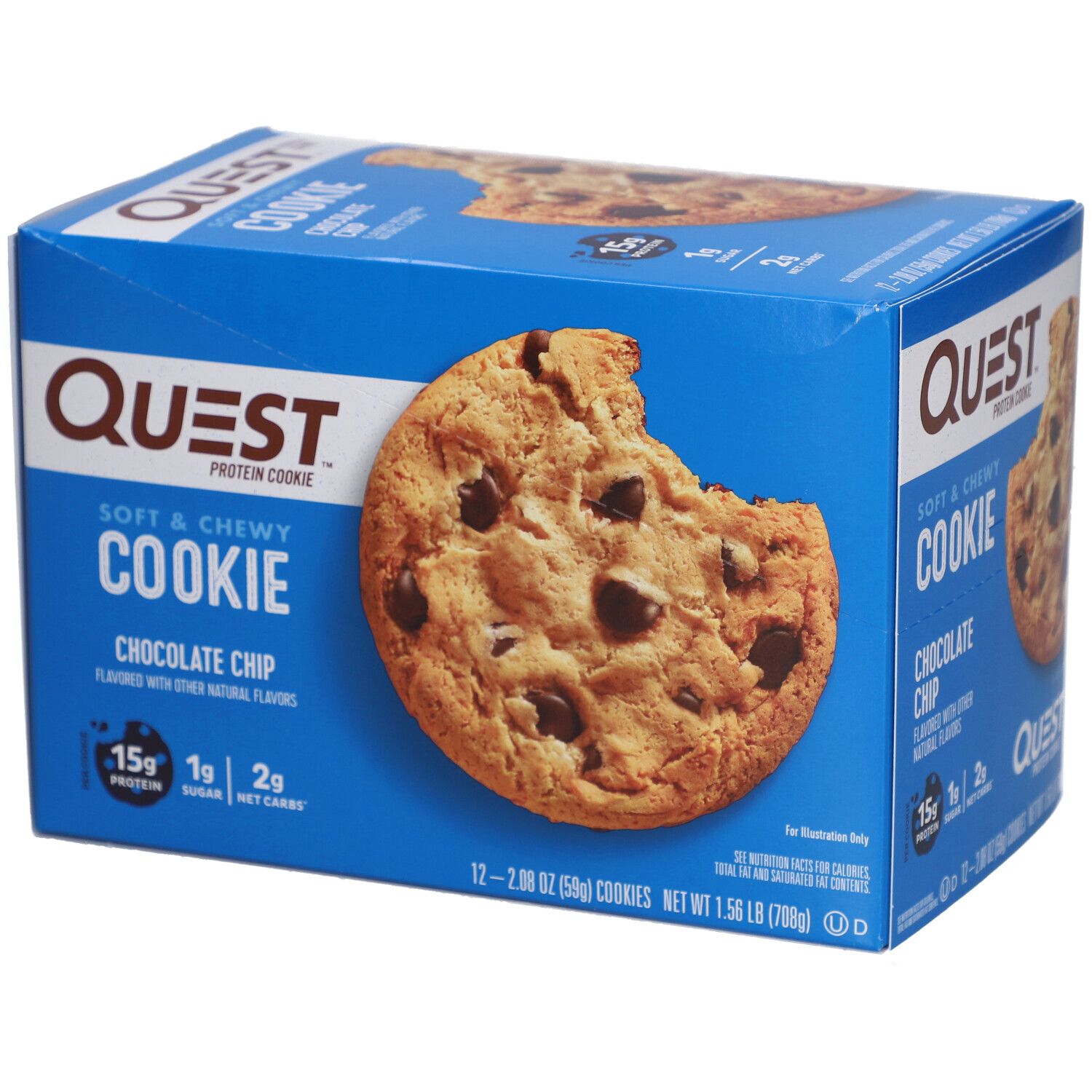 Blauer Karton mit Quest Protein Cookie Chocolate Chip. Ein Cookie mit Biss. 15g Protein, 1g Zucker, 2g Net Carbs.