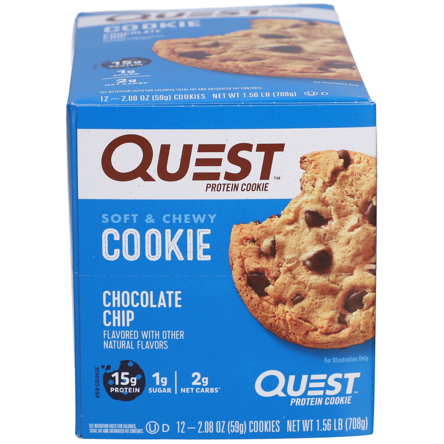 Blauer Karton Quest Protein Cookie Chocolate Chip. 15g Protein, 1g Zucker, 2g Net Carbs. 12 Cookies pro Packung.