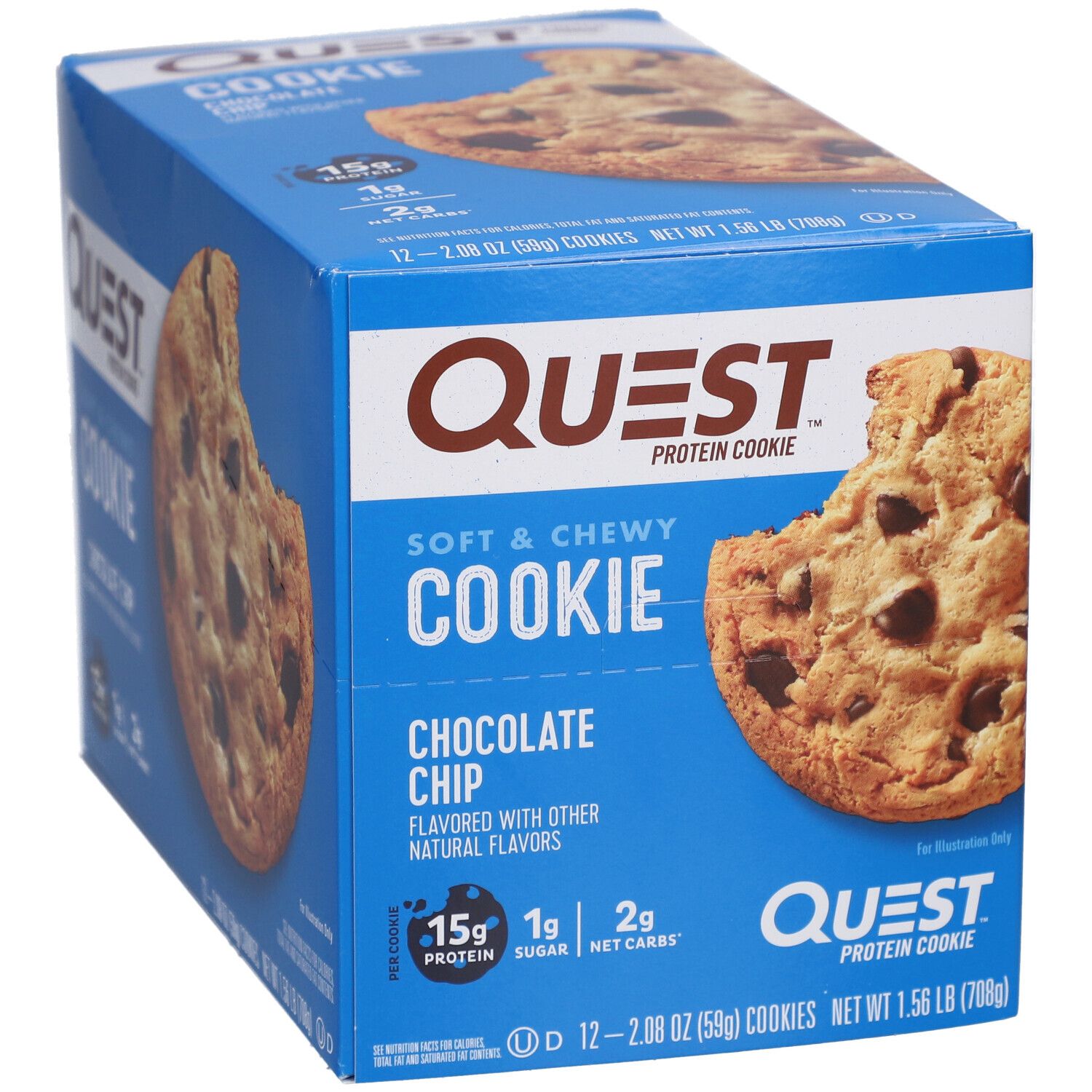 Blauer Karton Quest Protein Cookie Chocolate Chip. 15g Protein, 1g Zucker, 2g Net Carbs. 12 Cookies pro Packung.