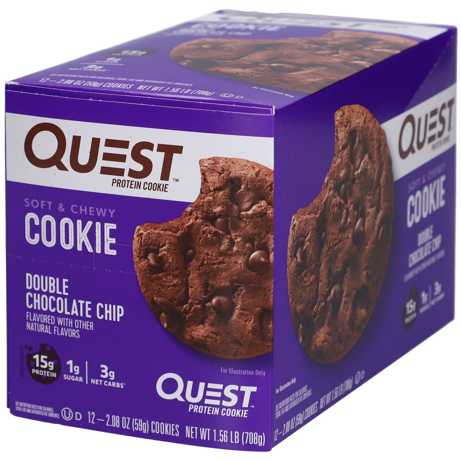Lila Schachtel mit Quest Protein Cookie. Aufschrift: Double Chocolate Chip. Ein Cookie mit Biss.