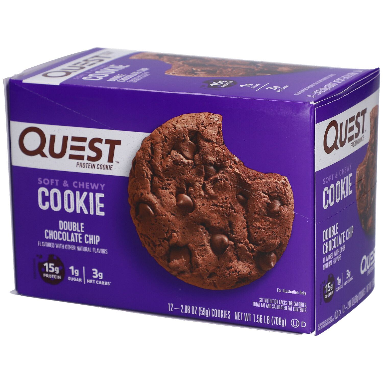 Lila Schachtel mit Quest Protein Cookie. Aufschrift: Double Chocolate Chip. Ein Cookie mit Biss.