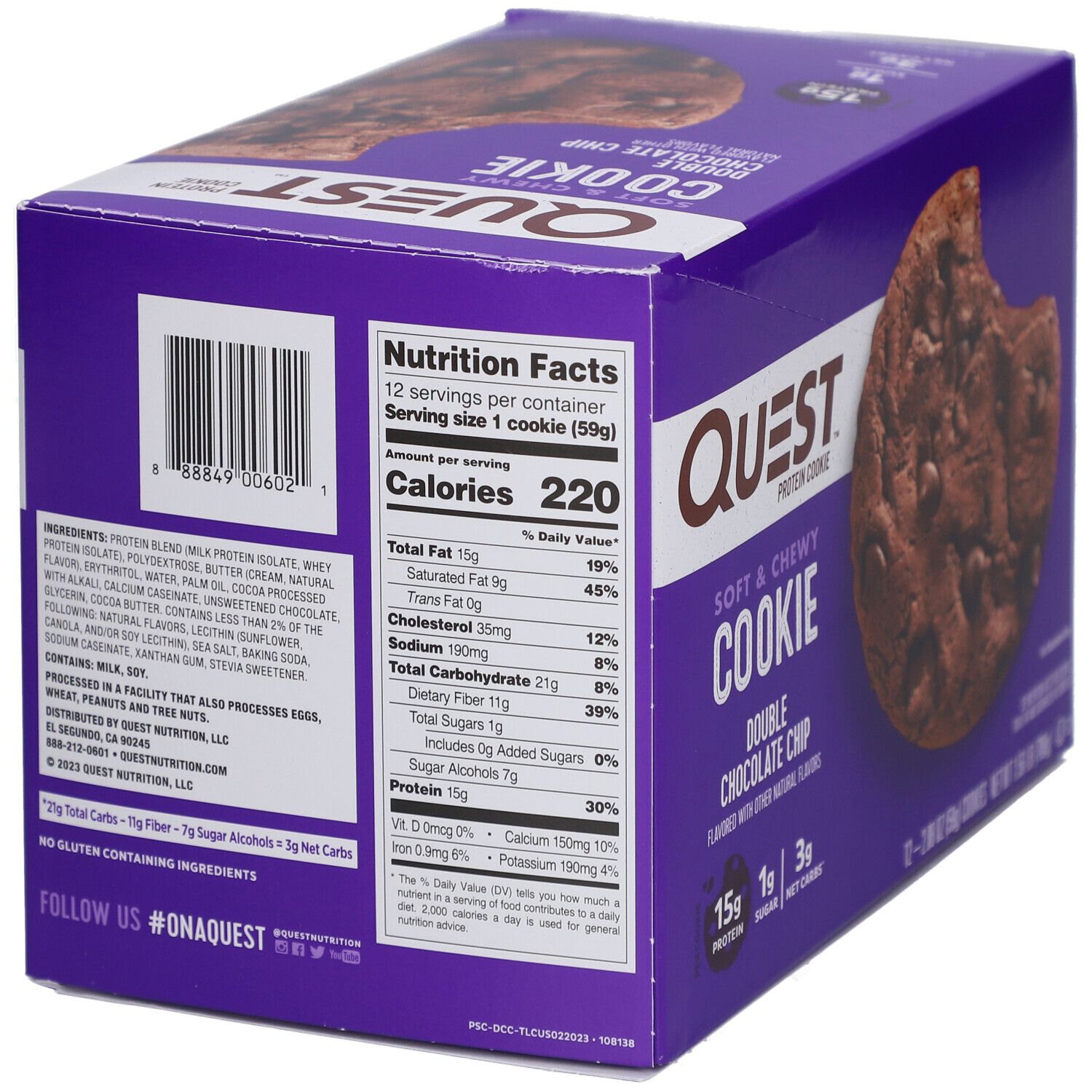 Lila Schachtel mit Quest Protein Cookie. Aufschrift: Double Chocolate Chip. Nährwertangaben auf der Rückseite.