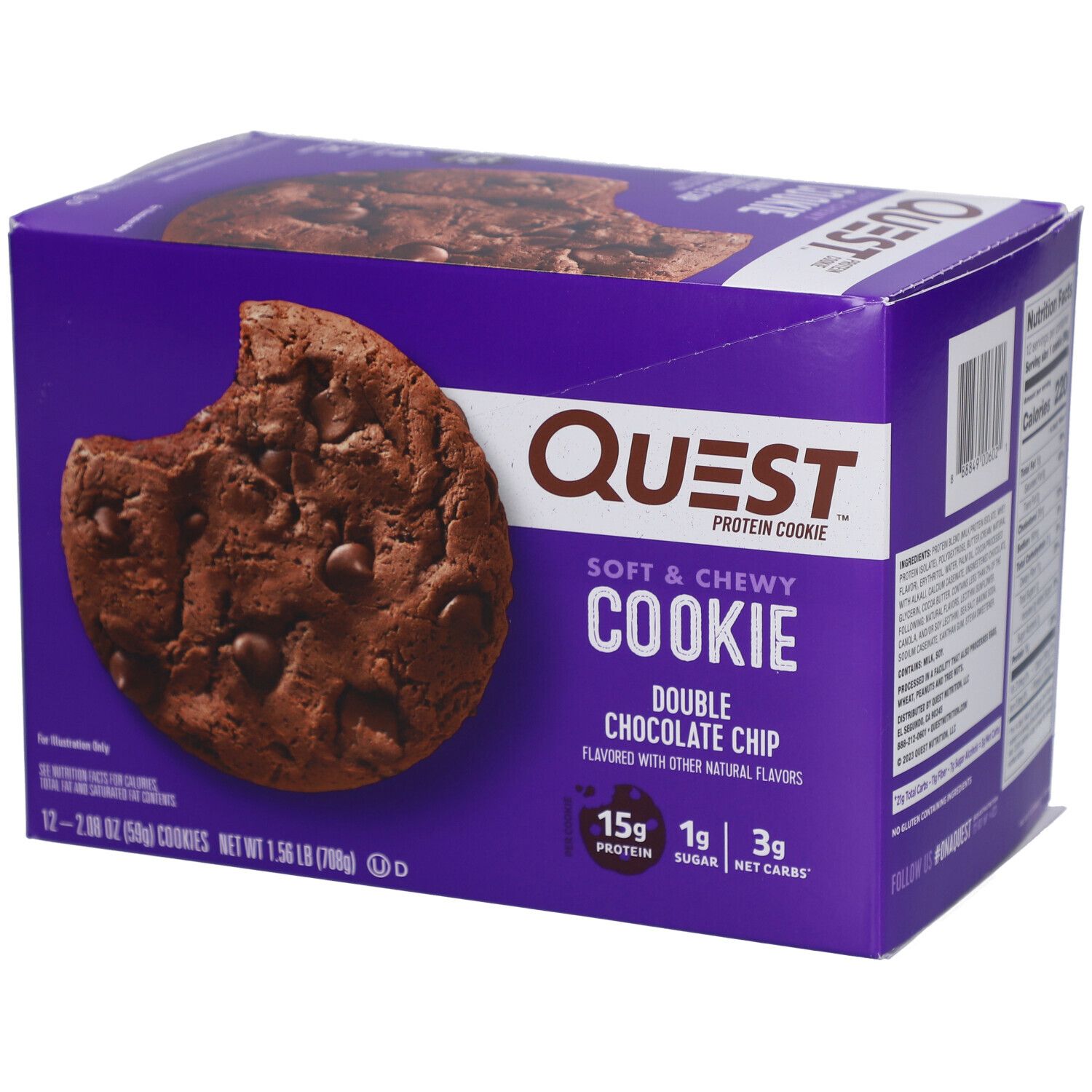 Lila Schachtel mit Quest Protein Cookie. Aufschrift: Double Chocolate Chip. Ein Cookie mit Biss.