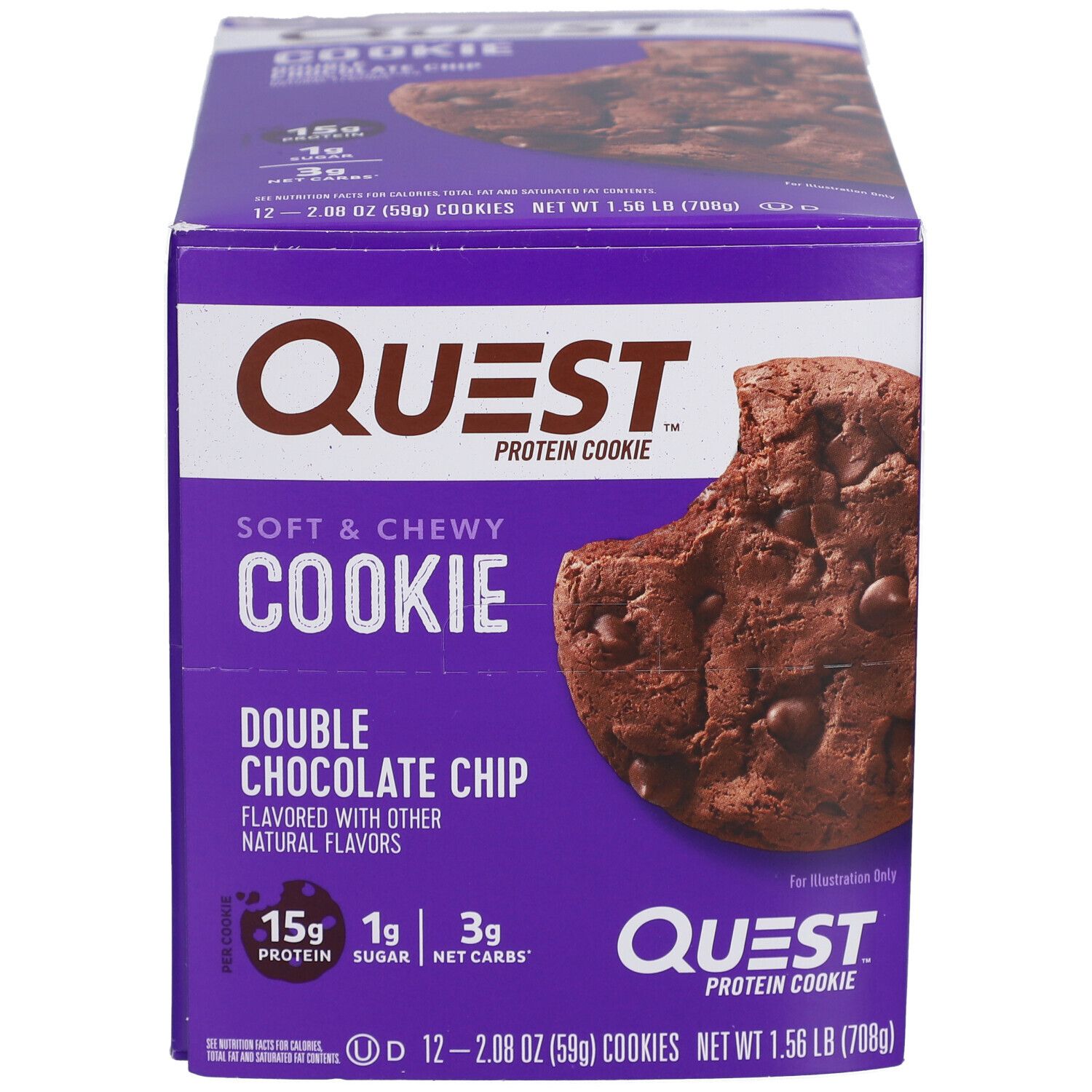 Lila Schachtel mit Quest Protein Cookie. Aufschrift: Double Chocolate Chip. Ein Cookie mit Biss.